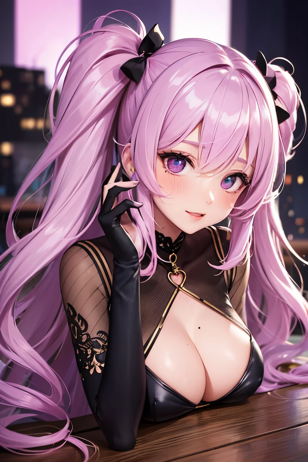 striped hair,pink twintail hair, Hello, mole under eye, mole under mouth, heart shaped eyes, long eyelashes, pink eyes, heart shaped choker、Full body Esbian、look at the audience、shy, blush, teeth, ear blush, nose blush,anime style, color field paint, ray tracing, bloom, one person'point of view, nffsw, award-winning, 16k, 最high quality, advanced details, high quality, table top, High resolution, Accurate, Super detailed