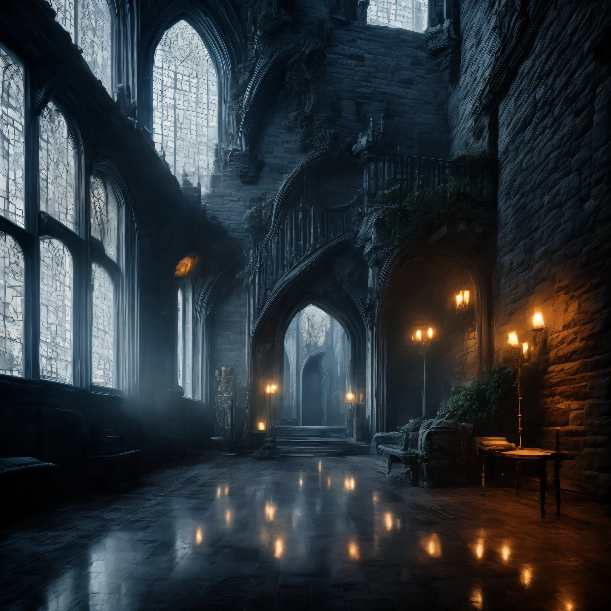 ((Best quality))((In detail)), at night in a dark castle blue light spills through the windows, Gothic style, Dark Walls, shadow of a man