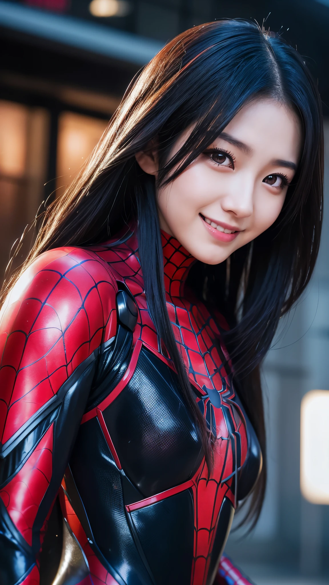 japanese girl, 20-year-old, dark makeup, detailed face, long hair, black hair, beautiful eyes, realistic, face close up, smile, sexy pose, Wearing a Spider-Man costume(Marvel characters), long sleeve, rubber gloves, 8k, cinematic, sexy girl