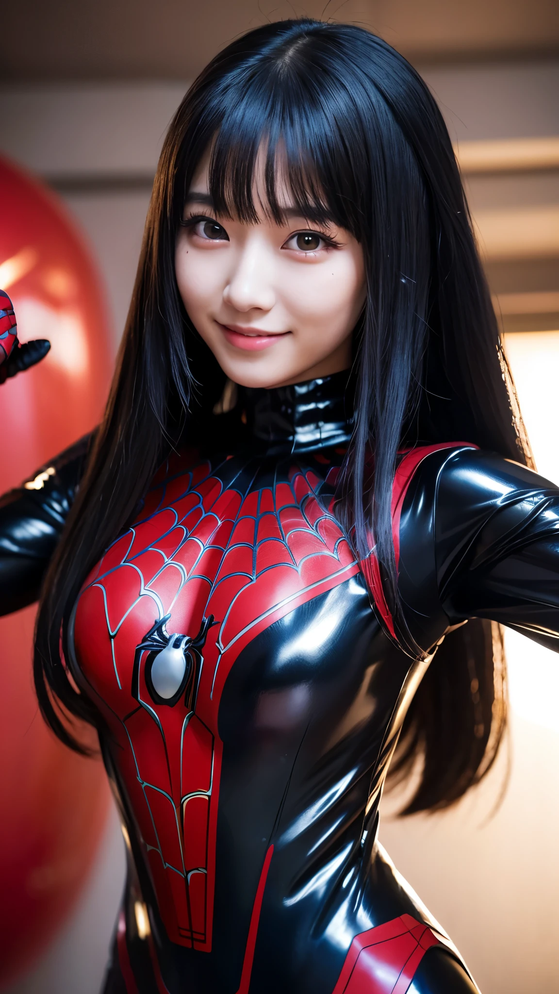 japanese girl, 20-year-old, dark makeup, detailed face, long hair, black hair, beautiful eyes, realistic, face close up, smile, sexy pose, Wearing a shiny rubber Spider-Man costume(Marvel characters), long sleeve, rubber gloves, 8k, cinematic, sexy girl