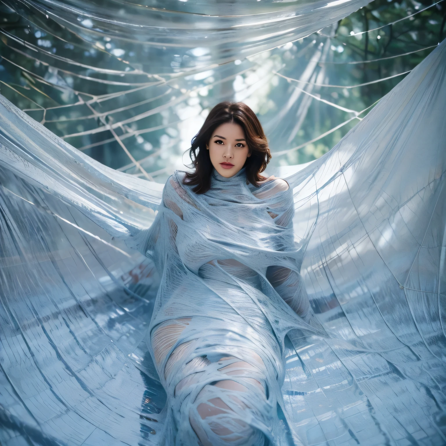 one girl tied up by another one with rope,(bright lighting,romantic setting),dreamy background,bondage,dark hair, mesmerizing gaze, , soft skin, alluring beauty, artistic portrait, high-quality image, vibrant colors, long silk gown, dressing room, (cocoon:1.4)