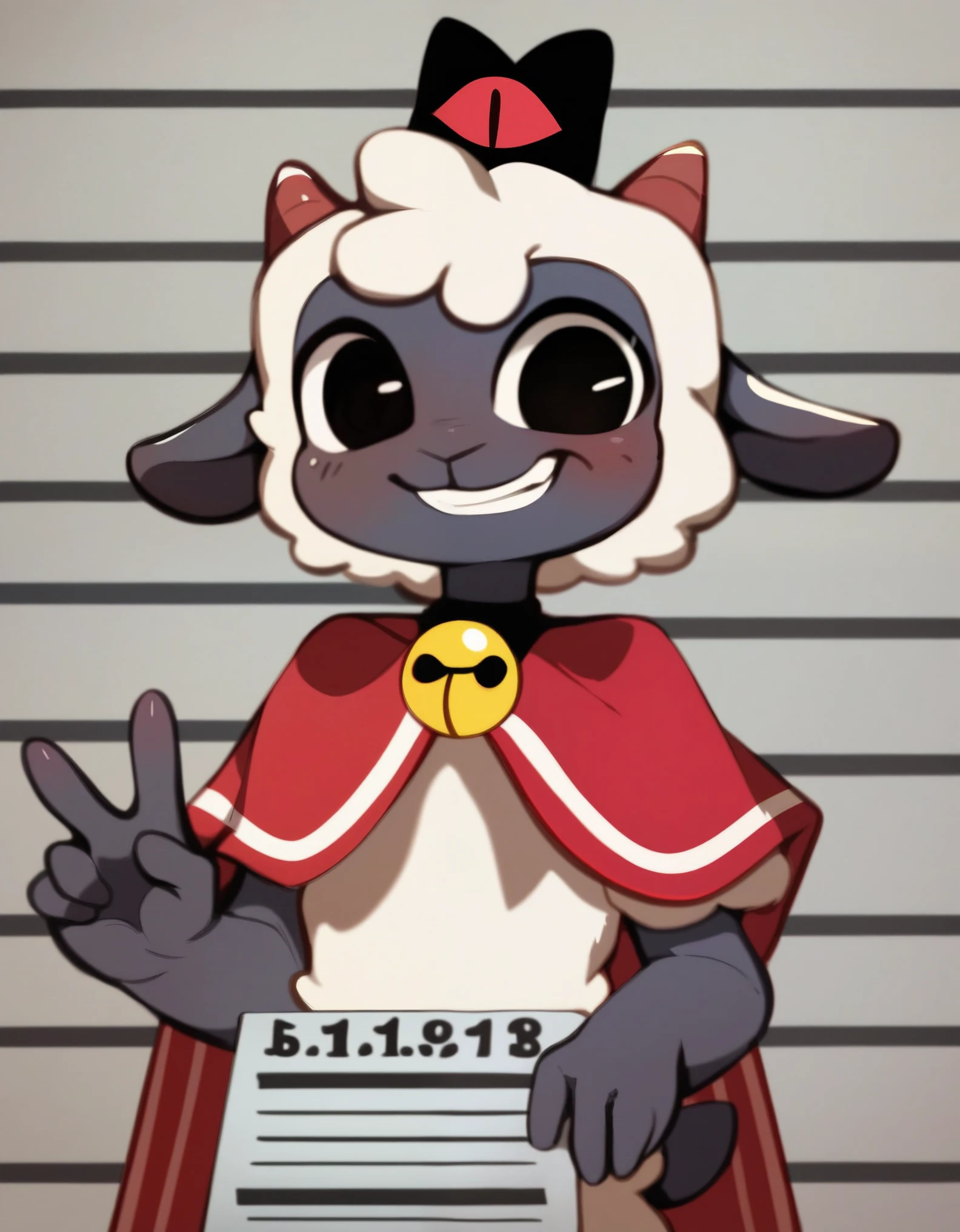 score_9, score_8_up, score_7_up, score_6_up, spacedoutflowers
barbie_and_ken_mugshot_meme cult_of_the_lamb massive_monster_(studio)
lamb_(cult_of_the_lamb) red_crown_(cult_of_the_lamb)
bovid caprine mammal sheep
english_text
ambiguous_gender anthro clothed clothing gesture grin hand_gesture happy holding_object looking_at_viewer mugshot smile solo standing text v_sign