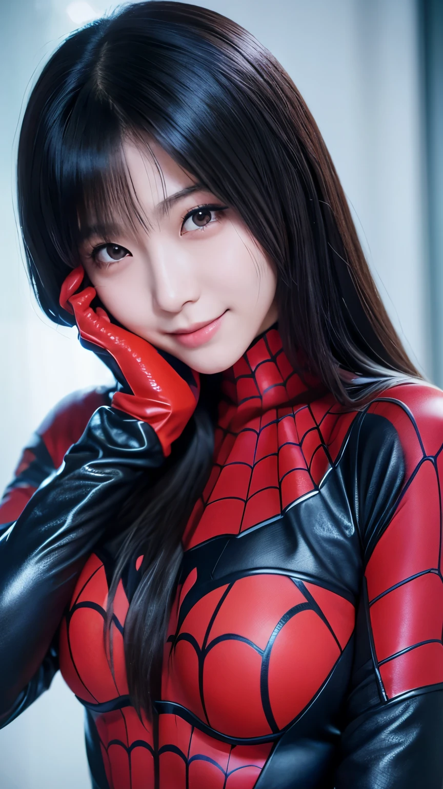japanese girl, 20-year-old, dark makeup, detailed face, long hair, black hair, beautiful eyes, realistic, face close up, smile, sexy pose, Wearing a Spider-Man costume(Marvel characters), long sleeve, rubber gloves, 8k, cinematic, sexy girl, Sweating on the face