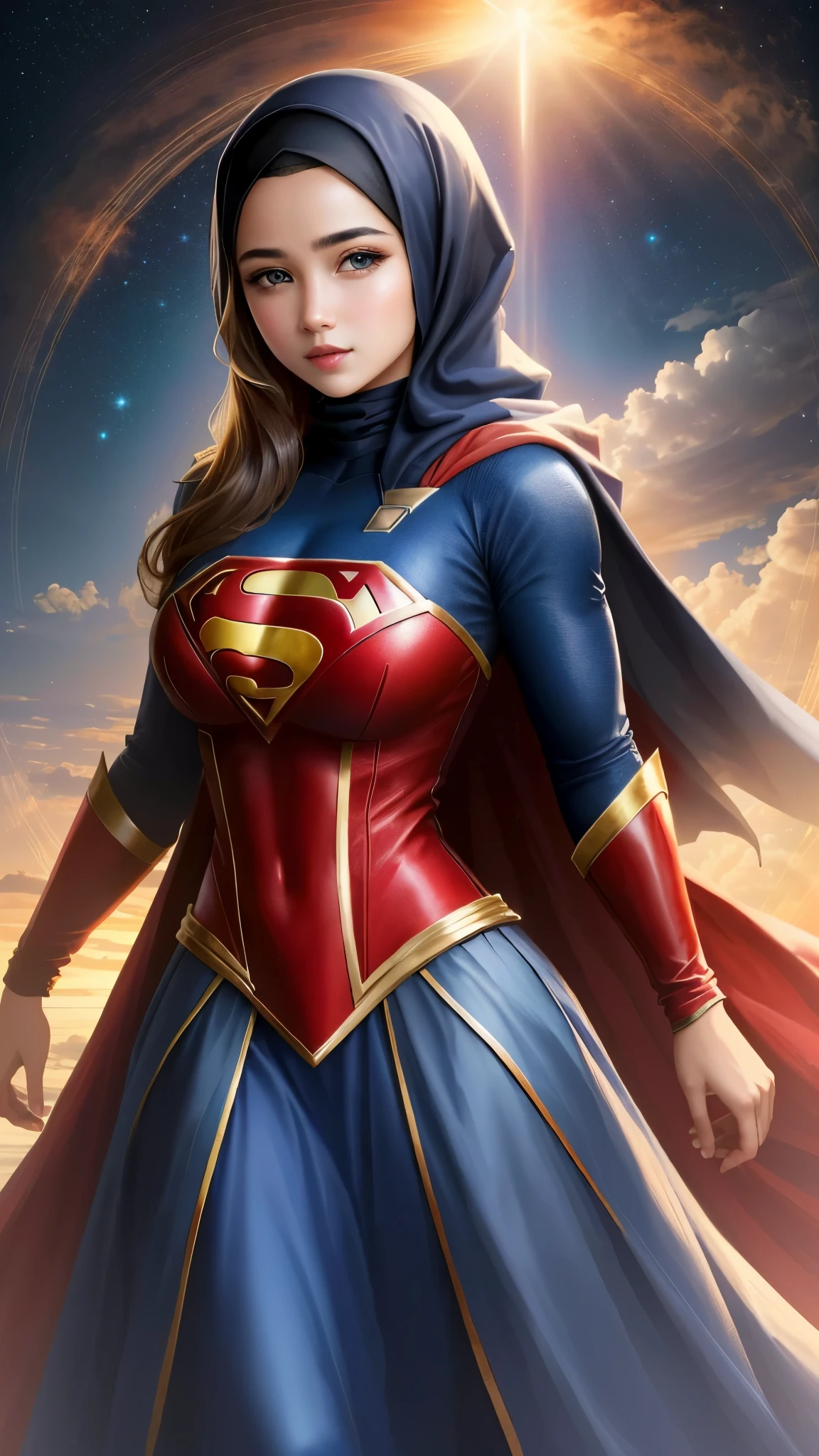photo portrait of  the Supergirl wearing islamic uniform with hijab, colorful, realistic round eyes,blue eyes, dreamy magical atmosphere, superheroes islamic costume with hijab, islamic style superhero uniform support with hijab, beautiful face, long skirt,high neck shirt, (large breasts:1.3),cover hair with hijab, 