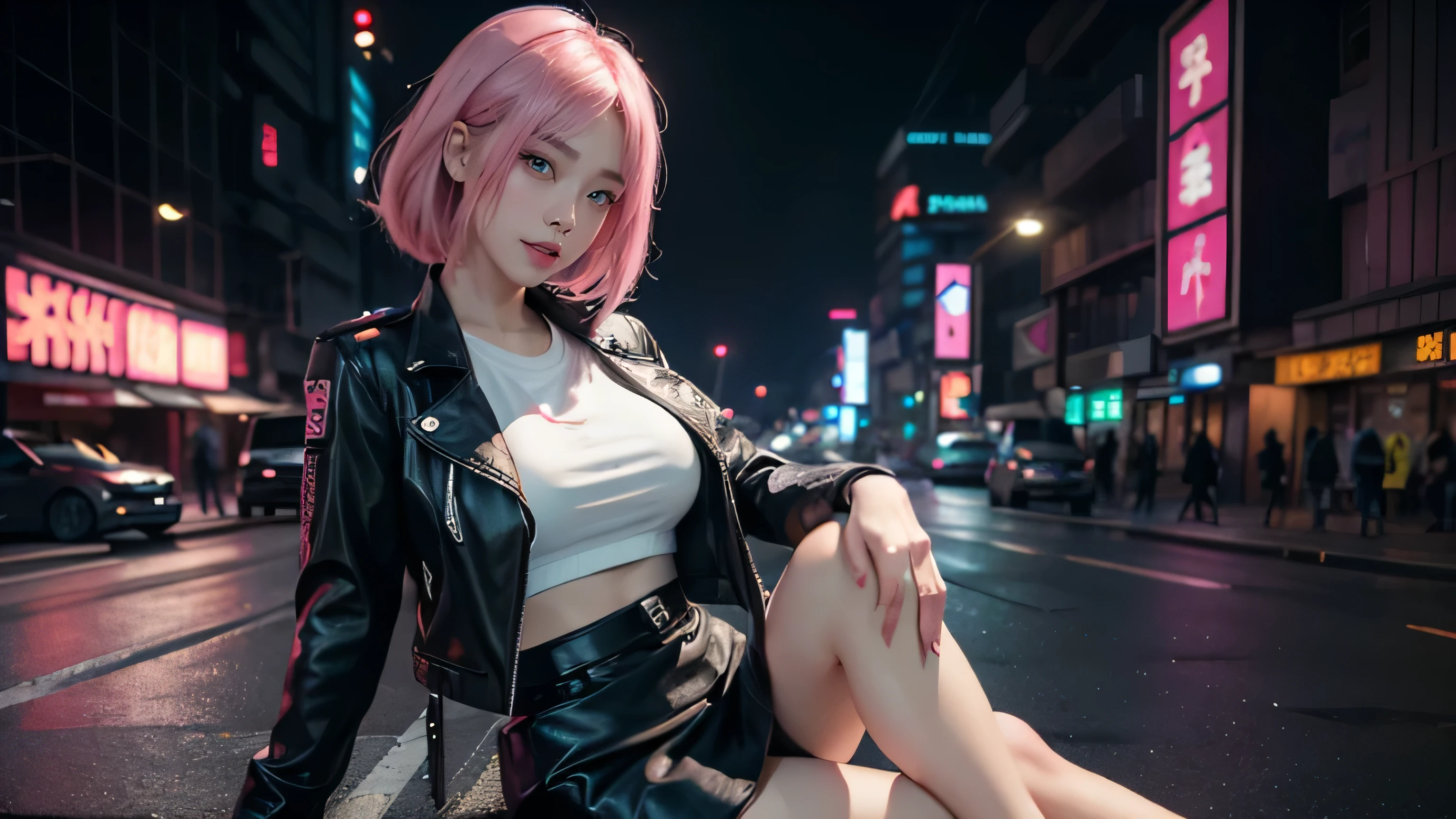 1 Asian girl, 25 year old, pink hair, green eyes, white skin, big , nice body shape, smile, sitting on the road, portrait, black leather jacket, white t shirt, black skirt, realistic drawing, rendered in unreal engine 5, high quality, background in the middle of street, cyberpunk city, neon lights, night time, shatter speed