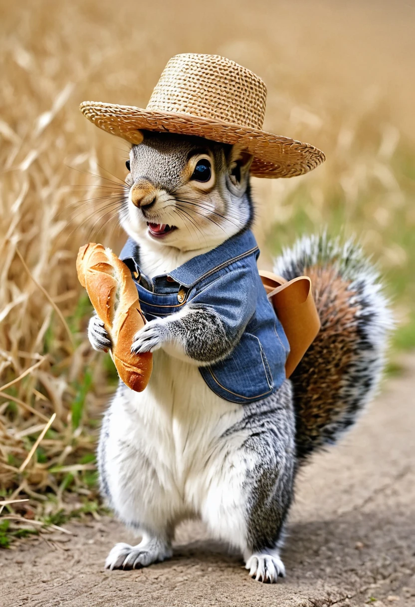 Anthropomorphic animal squirrel, happily walking with French bread, straw hat, overalls
