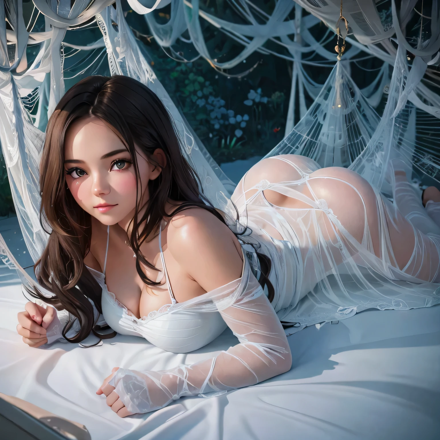 1girl, see her ass,(bright lighting,romantic setting),dreamy background,,dark hair, mesmerizing gaze, , soft skin, alluring beauty, artistic portrait, high-quality image, vibrant colors,translucent long silk gown, mosquito net, lying down, romantic bedroom, cartoon,spider web