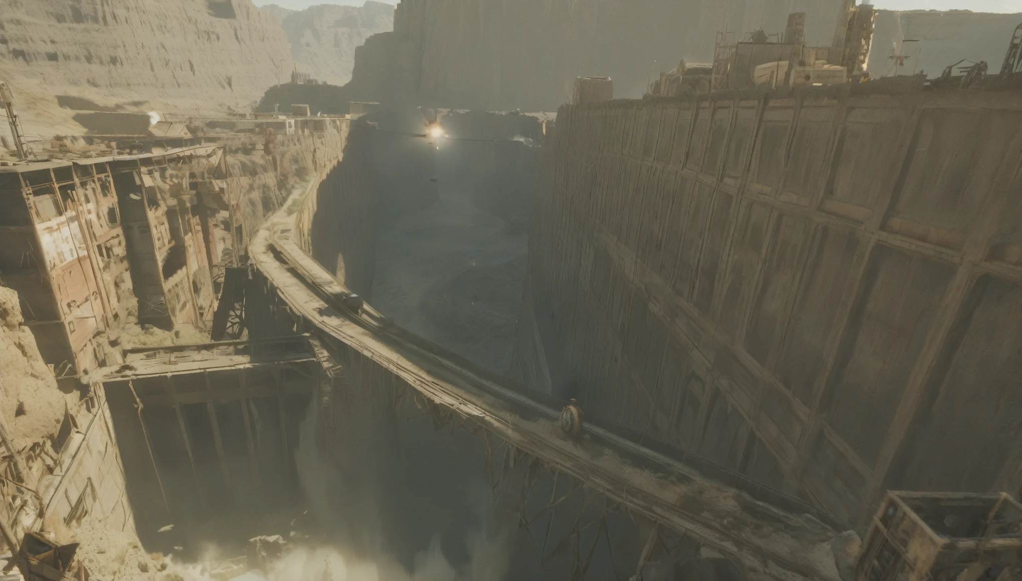 Breathtaking graphics from the Attack on Titan universe, shooting of a very different epic empty track for racing along the tops of a canyon through abandoned industrial post-apocalyptic canals in small cars from Mad Max against the backdrop of a wasteland and canyons near industrial plants, creating the impression that orcs live in this place, There are deadly car traps on the highway, breathtaking scenery, and impressive lighting effects, that create impressive visual experiences, cars eat very far, random time of day, random weather.