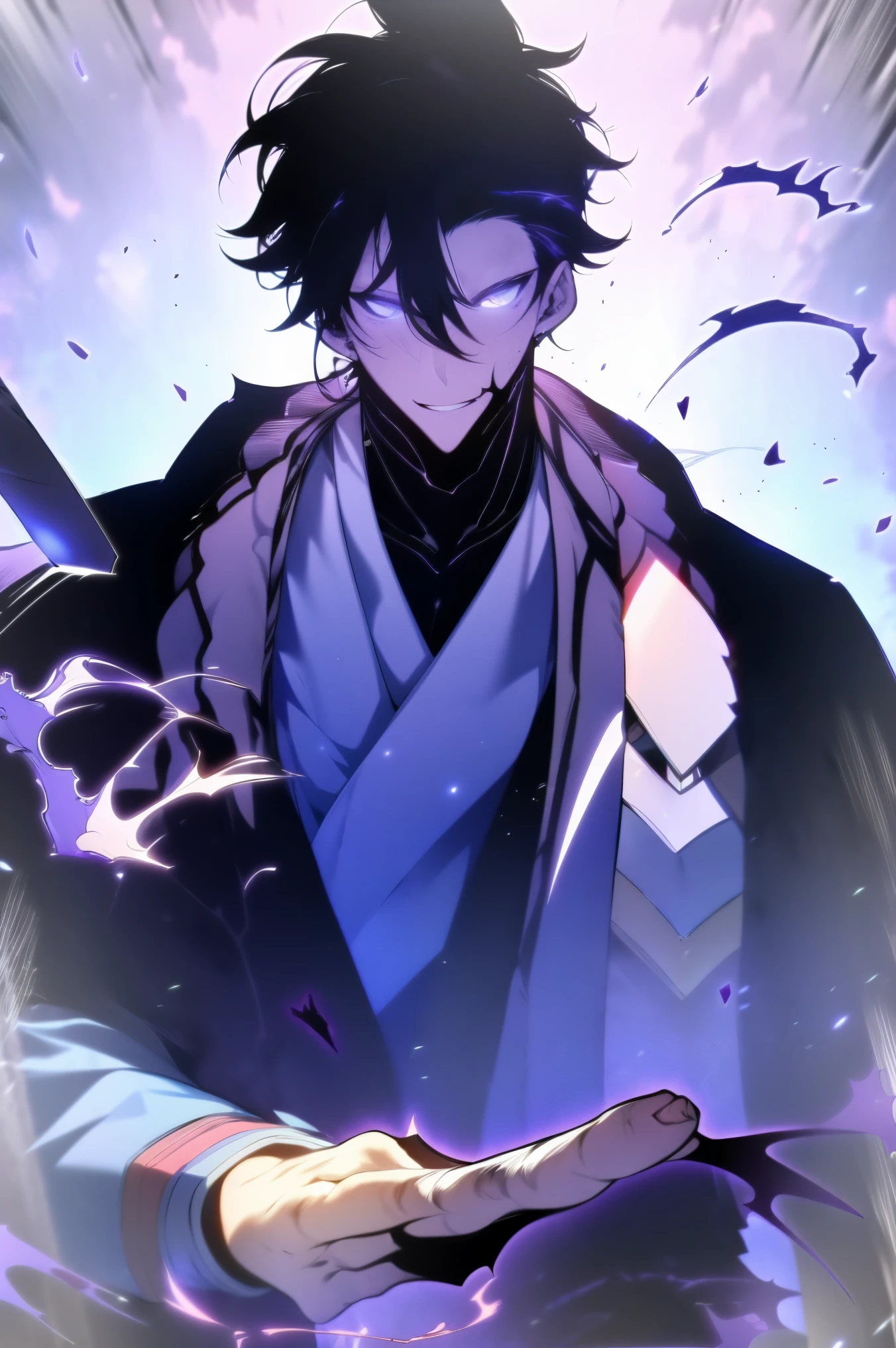 A man in fantasy clothes, wild Black hair, wild hair in a ponytail, white blue eyes, scar on the nose, scary smile, black scarf, black pancho, intense colors, 4k, un-zoom, intricate pencil sketch, perfect Anatomy