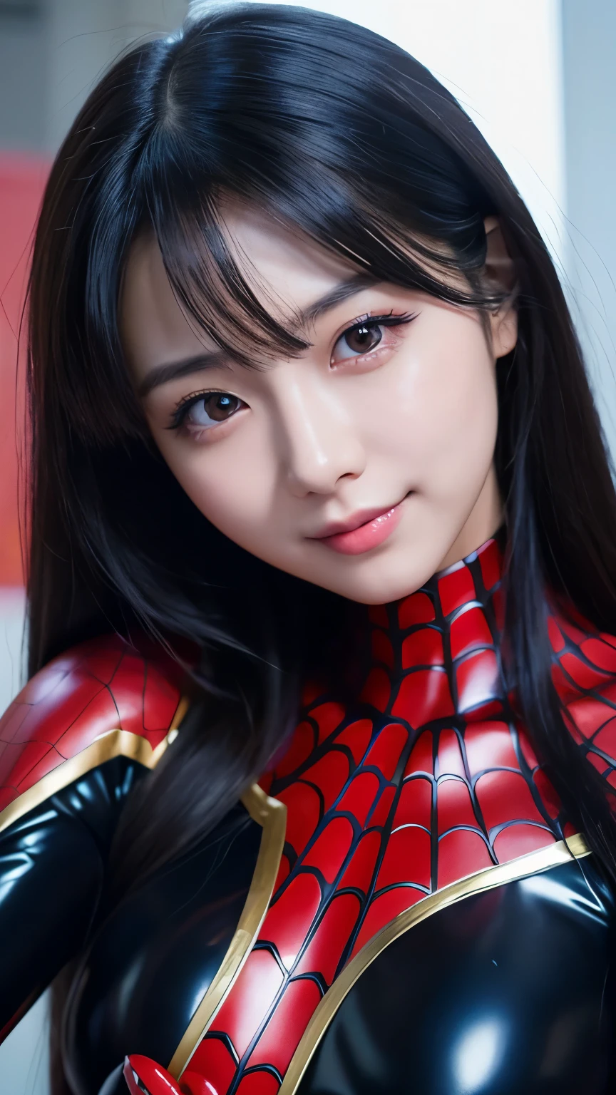 japanese girl, 20-year-old, dark makeup, detailed face, long hair, black hair, beautiful eyes, realistic, face close up, smile, sexy pose, wearing a latex spiderman costume(Marvel characters), long sleeve, rubber gloves, 8k, cinematic, sexy girl, Sweating on the face
