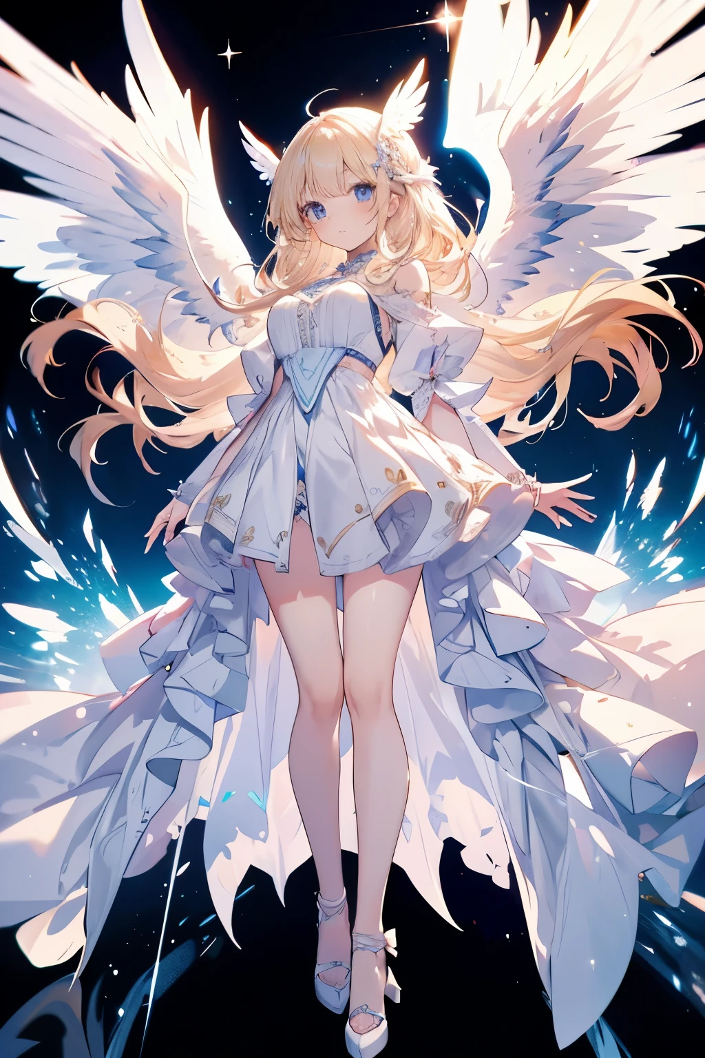 angel girl, Angel wings on the back, white dresses, Pale skin, blue color eyes, hor ears, nase, with her mouth open, ssmile, Blonde hair, Neck strap, bshoulders, Bigchest, Arms, hason, big breasts thin waist, thick leg, upper legs, Feet, Flooring, standing