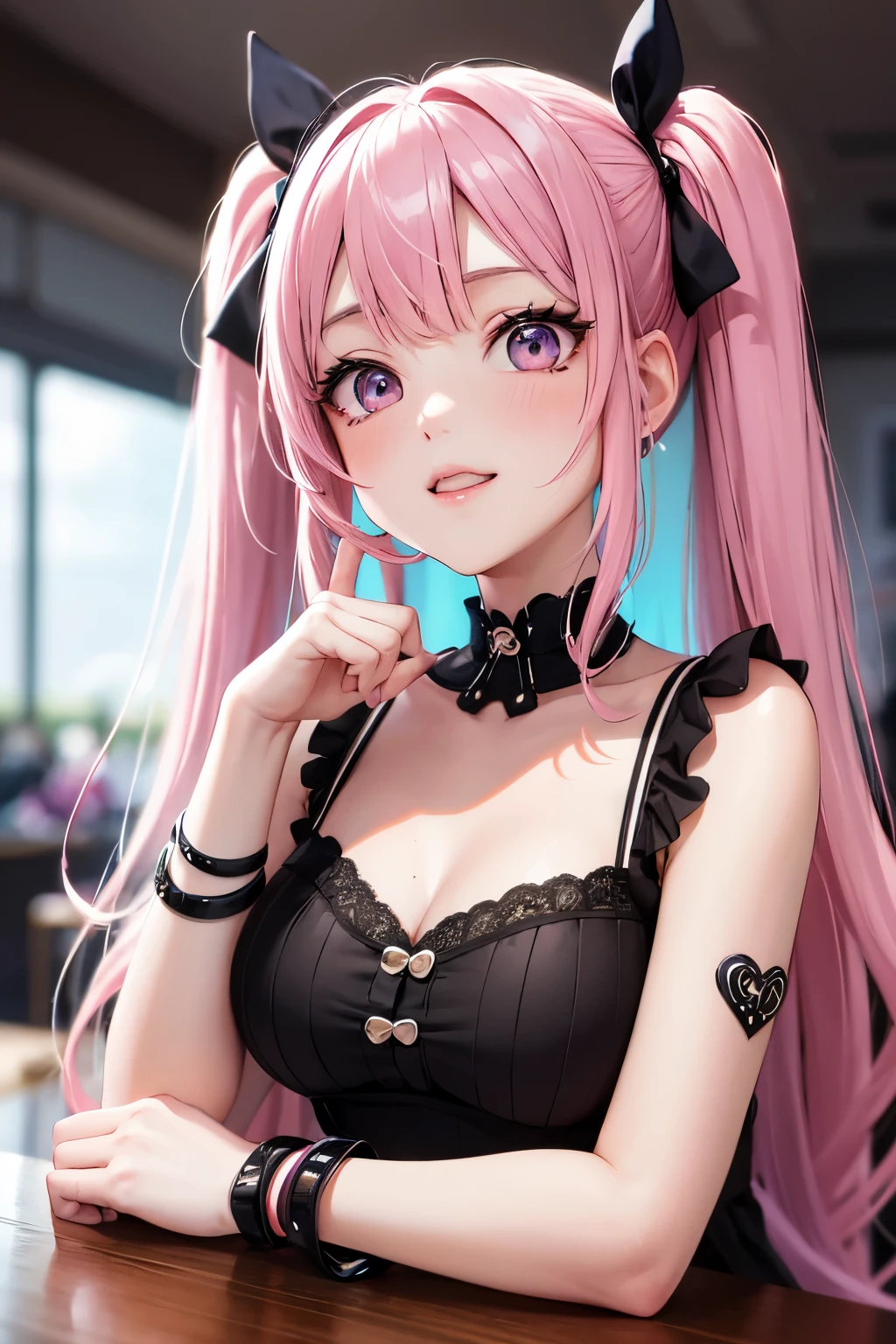 pink twintails, extremely happy, cheerful, pink eyes, wearing plain black shirt, pink skirt, looking at viewer, no hat, holding orange glowsticks in hands, no underwear, large breasts showing