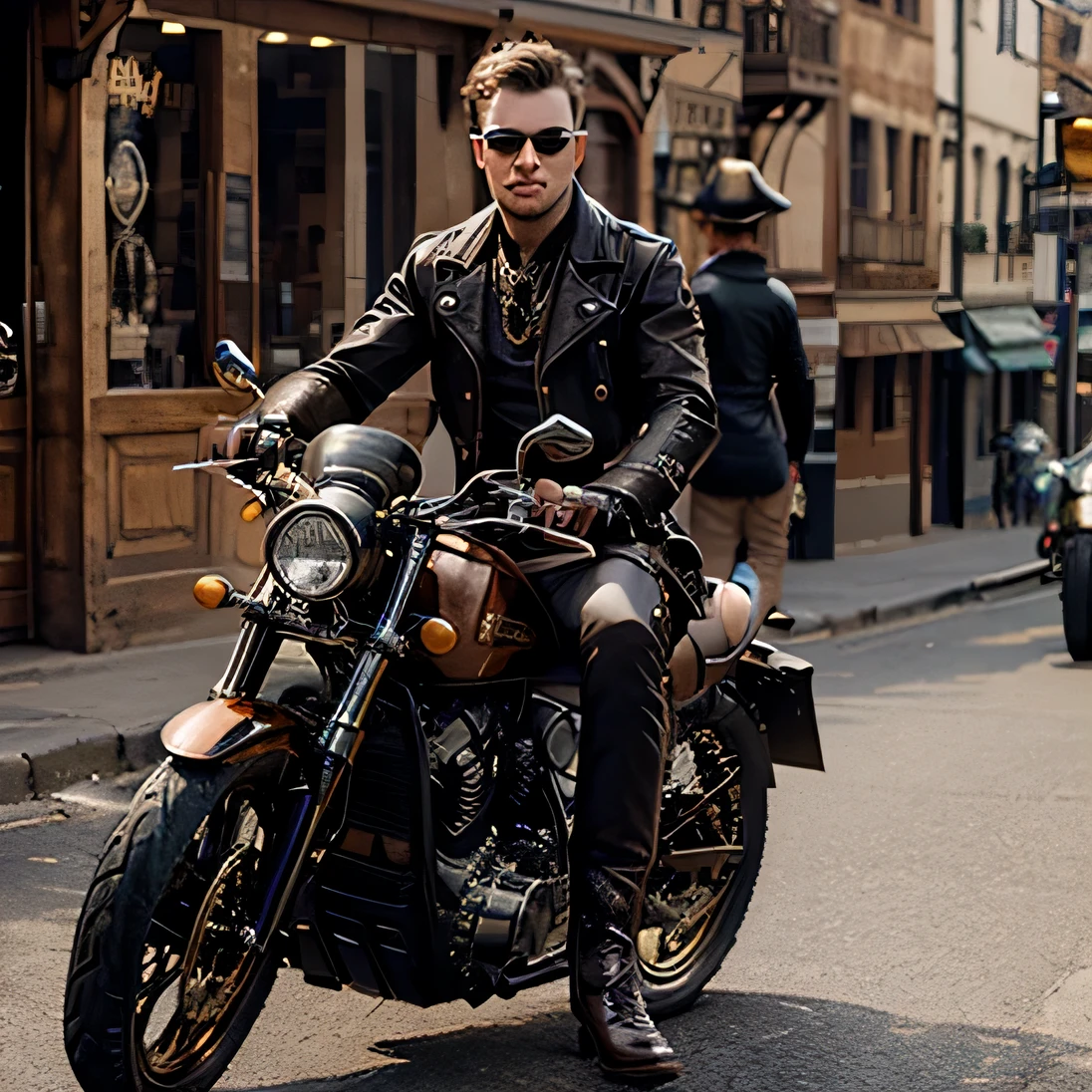 a hansome steampunk style youngman, riding a steampunk style motorbike, wearing black jacket and long dress, in a steampunk style village, ((chrome:1.05))