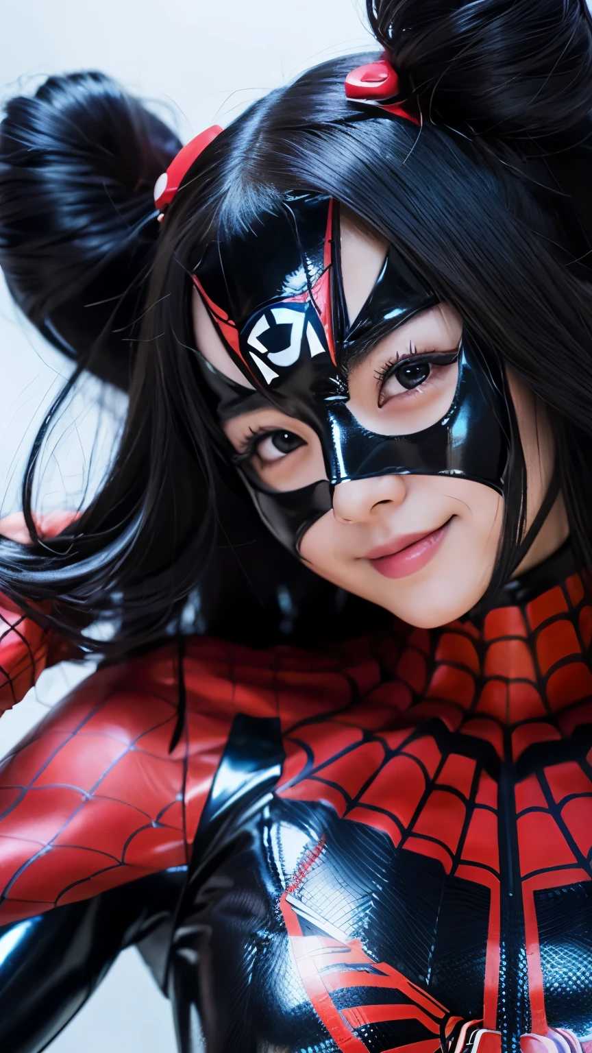 japanese girl, 20-year-old, dark makeup, detailed face, long hair, black hair, beautiful eyes, realistic, face close up, smile, sexy pose, wearing a latex spiderman costume(Marvel characters), long sleeve, rubber gloves, 8k, cinematic, sexy girl, Sweating on the face