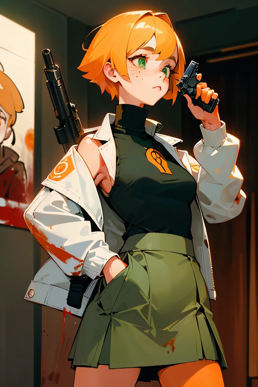 ((Cheryl Mason, blonde_hair, woolcuffs)), to8contrast style, semi-realistic, masterpiece, best quality, highres, 1girl, solo, (jacket, pockets:0.5, white_jacket:1.4, sleeveless, green_skirt, freckles, orange_turtleneck:1.4, blood:1.5), dark, (darkness:1.5), night time, indoors, short hair, adult, woman, (handgun:1.5, gun, holding_gun:1.3)