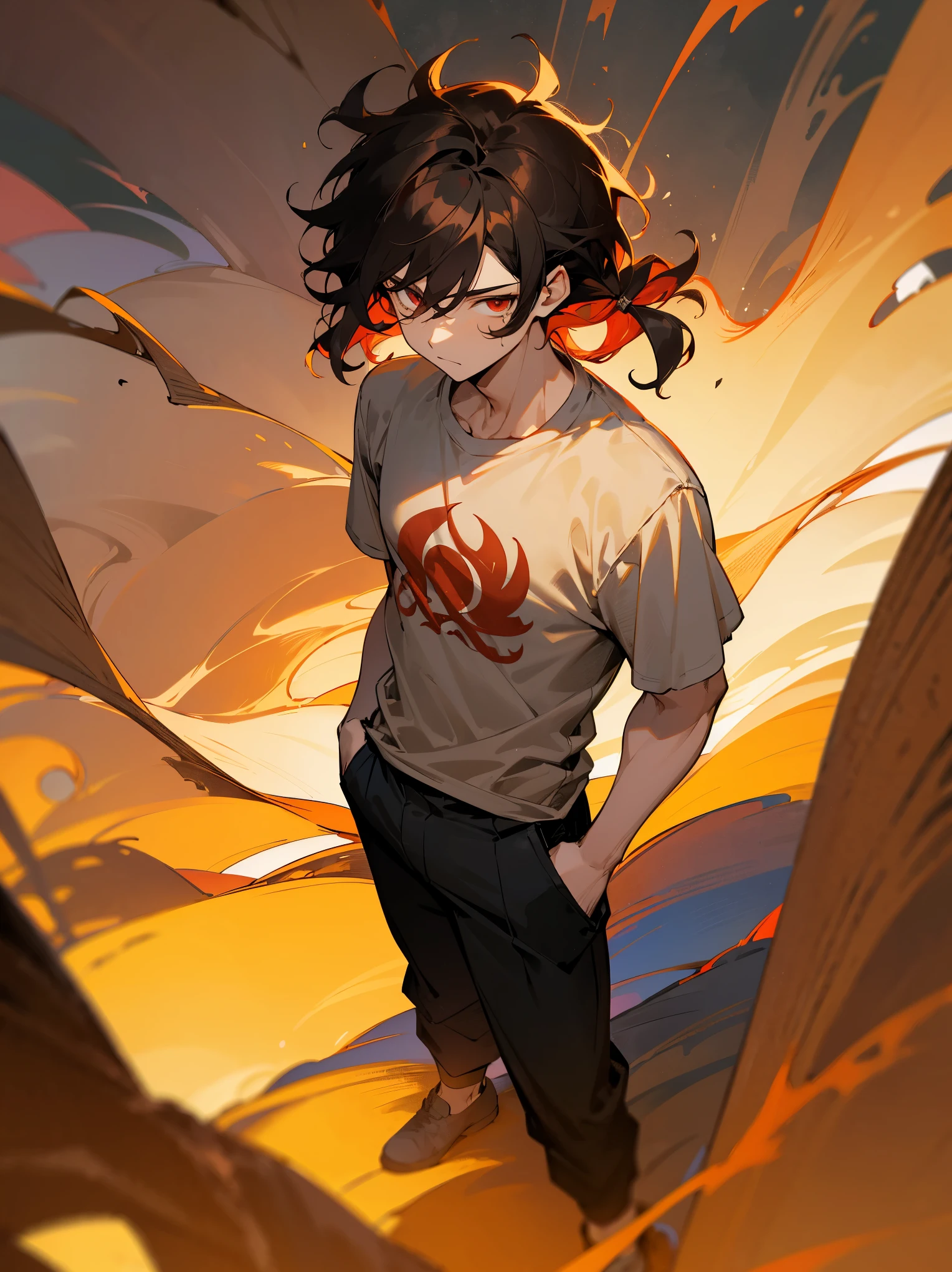 1male , Wavy Hair , Mullet Hairstyle, Black Hair ,Brown Shortsleeve T-Shirt , Baggy Black Pants , Calm Expression , Red Eyes , Messy Hair , Standing on Path , Feudal Village Background , Teen Male , Facing Viewer , Muscular , Short Hair , Perfect Generation