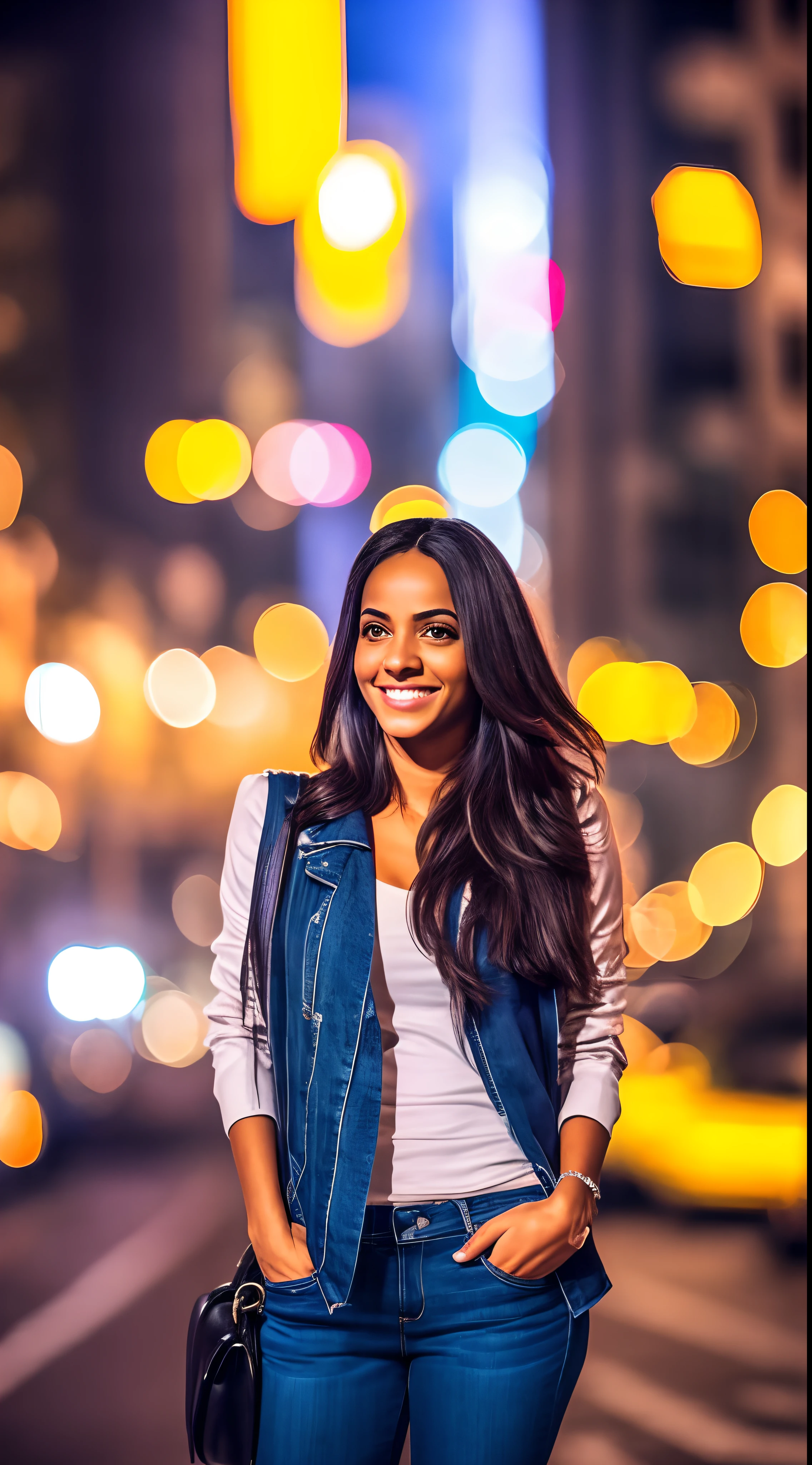 Fotografia de uma cena impactante de uma mulher colombiana de 35 anos, com olhos claros, Using a 135mm telephoto lens for a compression effect. She's on the busy streets of Bogota, surrounded by skyscrapers illuminated at night. The image style is super realistic.The color temperature is cool, underscoring its urban elegance. His smile is enigmatic, capturado sob o brilho das luzes da cidade. --V 5 --Estilizar 1000