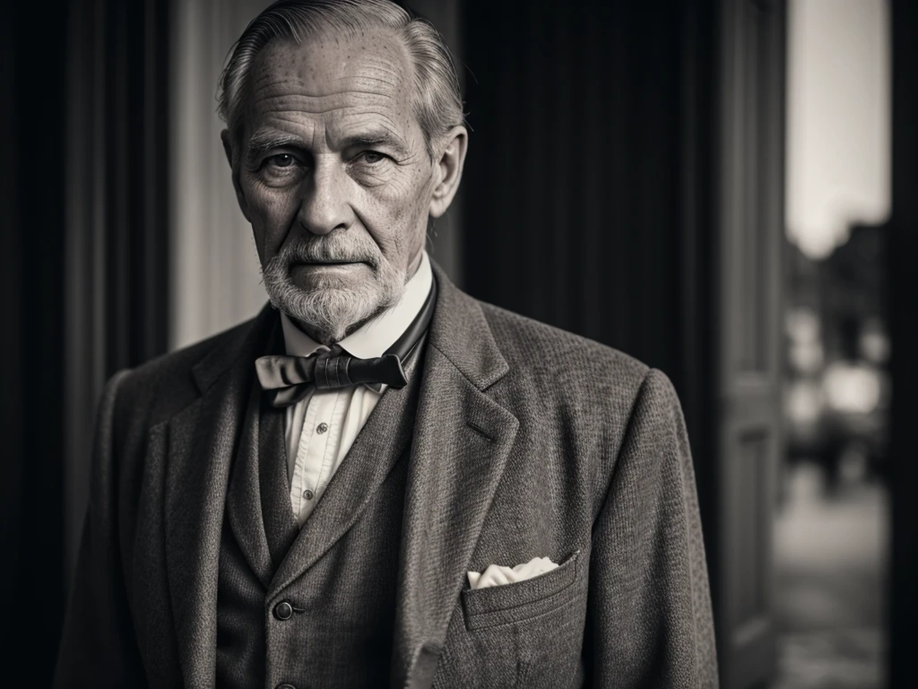 (best quality,4k,8k,highres,masterpiece:1.2),old man with a walking stick in a vintage 1800s photo,faded sepia tone,black and white,aged film grain,vintage feel,antique portrait,detailed facial features,distinctive wrinkles,gritty texture,soft focus,authentic historical vibe,distinguished gentleman,weathered appearance,cane,well-dressed,tailored suit,gentle expression,timeless charm,subtle lighting,retro atmosphere,classic composition,nostalgic scene
