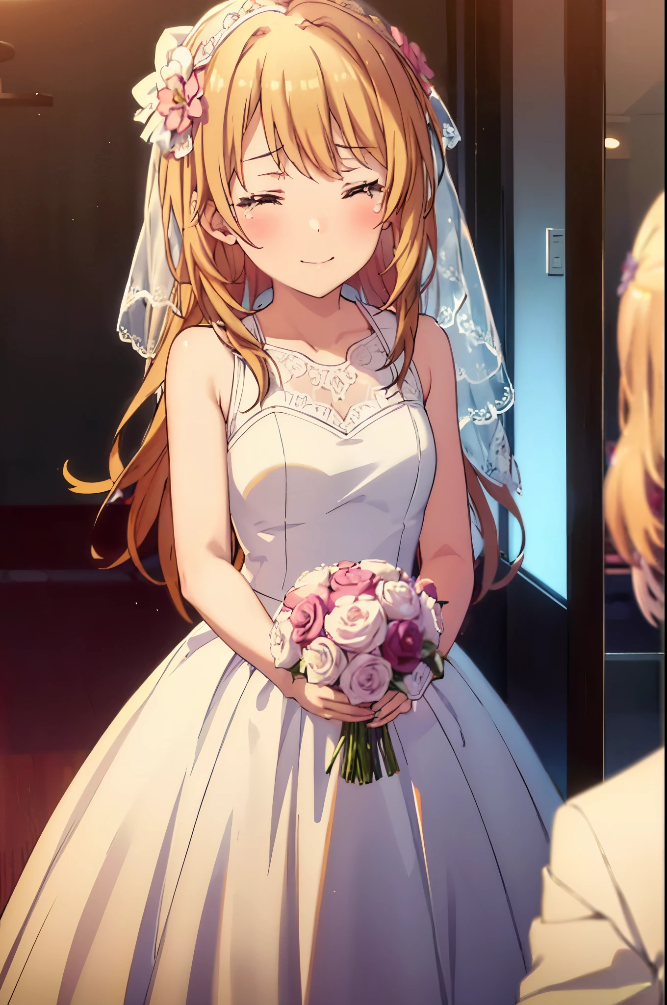 irohaisshiki, iroha isshiki, long hair, brown hair,  open your mouth,smile,happy atmosphere,crying with both eyes closed,tears run down her face,Crying with joy,blush,smile, Wedding dress,veil,Wedding Skirts,bouquet,bouquetトス,holding a large bouquet of flowers in both hands,So that the whole body goes into the illustration,Hanabubuki,wedding style,　　　　　　　　　　　　　　　　　　　　　break indoors,  church,chapel,
break (masterpiece:1.2), highest quality, High resolution, unity 8k wallpaper, (figure:0.8), (highly detailed face, perfect lighting, Very detailed CG, (perfect hands, perfect anatomy),