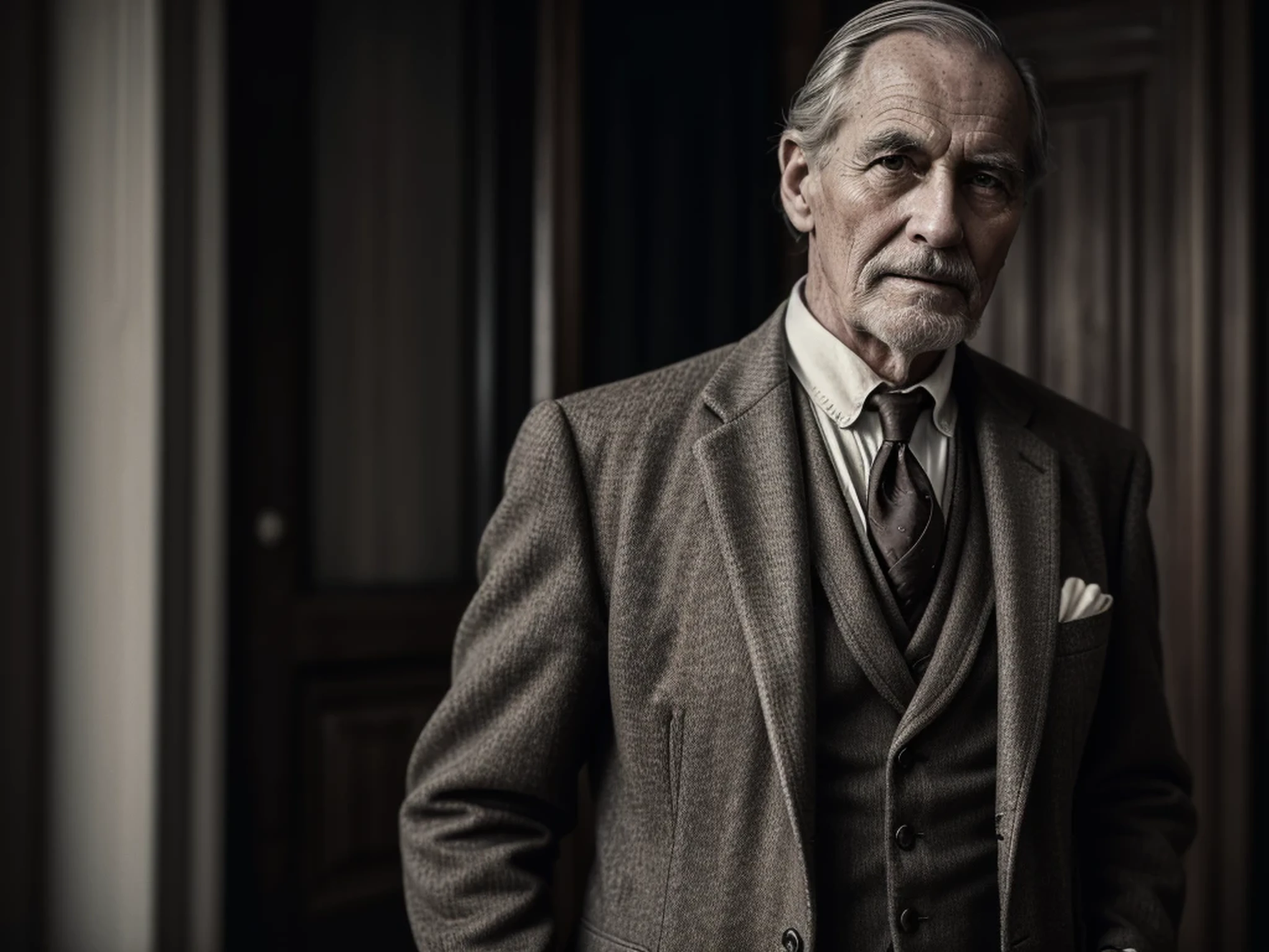 (best quality,4k,8k,highres,masterpiece:1.2),old man with a walking stick in a vintage 1800s photo,faded sepia tone,black and white,aged film grain,vintage feel,antique portrait,detailed facial features,distinctive wrinkles,gritty texture,soft focus,authentic historical vibe,distinguished gentleman,weathered appearance,cane,well-dressed,tailored suit,gentle expression,timeless charm,subtle lighting,retro atmosphere,classic composition,nostalgic scene
