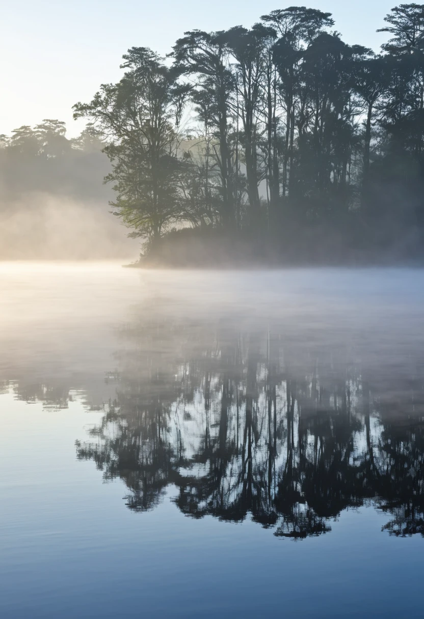 A quiet start to the morning, with morning mist rising from the surface of the lake,