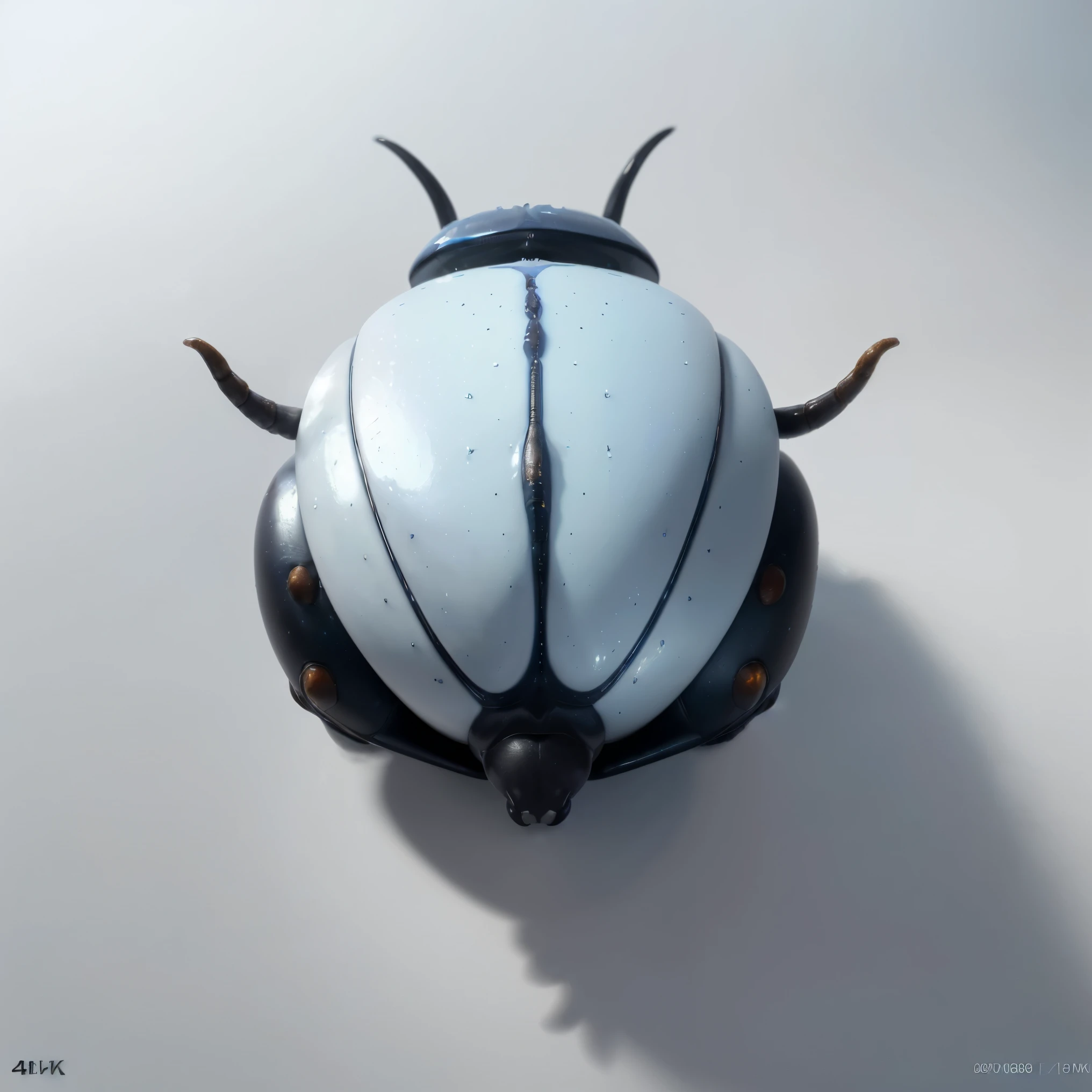 (best quality,4k,8k,highres,masterpiece:1.2),ultra-detailed,(realistic,photorealistic,photo-realistic:1.37),top view of a beetle with long horns,white with blue symbols,a black background,walking under a white light from the sky