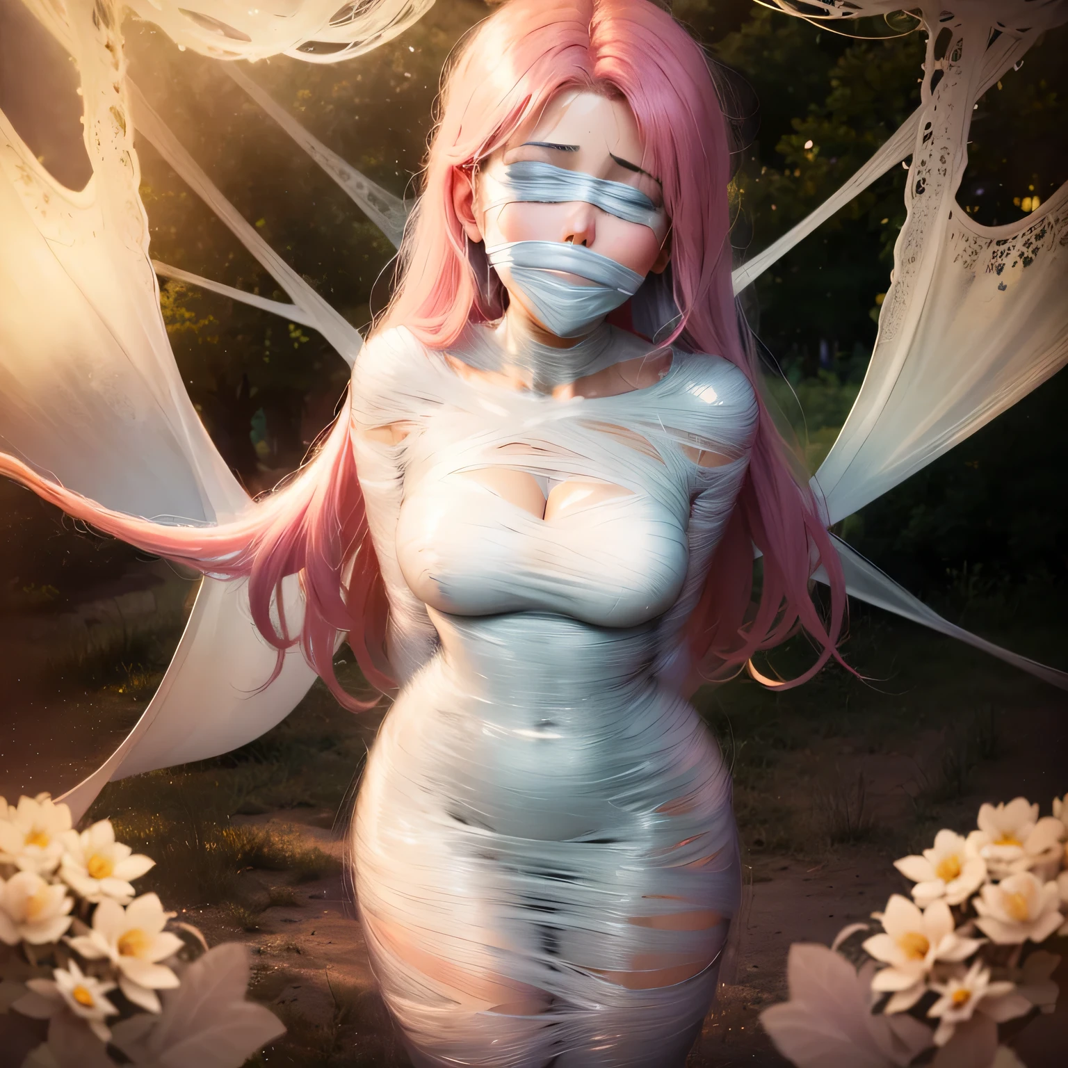 (best quality,4k,8k,highres,masterpiece:1.2),ultra-detailed,(realistic,photorealistic,photo-realistic:1.37),girl,beautiful detailed eyes,,gorgeous,pink messy hair ,long satin dress,harem girl,white roses bouquet,breathtaking scenery,romantic atmosphere,delicate touch of sunlight,glowing candles,splendid chandelier,whispering wind,faint fragrance of flowers,touch of elegance and charm,emotional connection,passionate love,kissing,captivating moment,surrounded by loved ones,joyful celebration,happiness and bliss,memorable occasion,eternal love,beyond words,fairytale-like,unforgettable memories,forever in their hearts, (gagged:1.4),(blindfold:1.3)