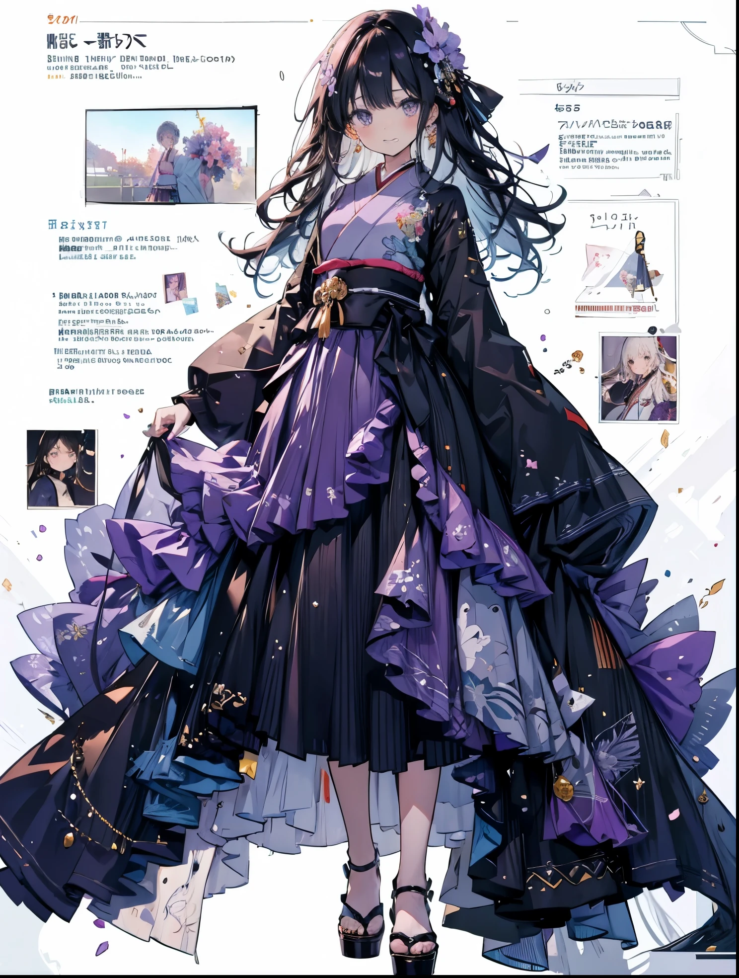 chad-chan is a popular and interesting web manga that takes the viewer through a story of a pretty girl named japanese characters, manga characters, anime characters, asian characters, japanese character, manga character, anime character, k, 1girl, dress, solo, black hair, long hair, jewelry, purple eyes, earrings, looking at viewer, black dress, hair ornament, full body, purple flower