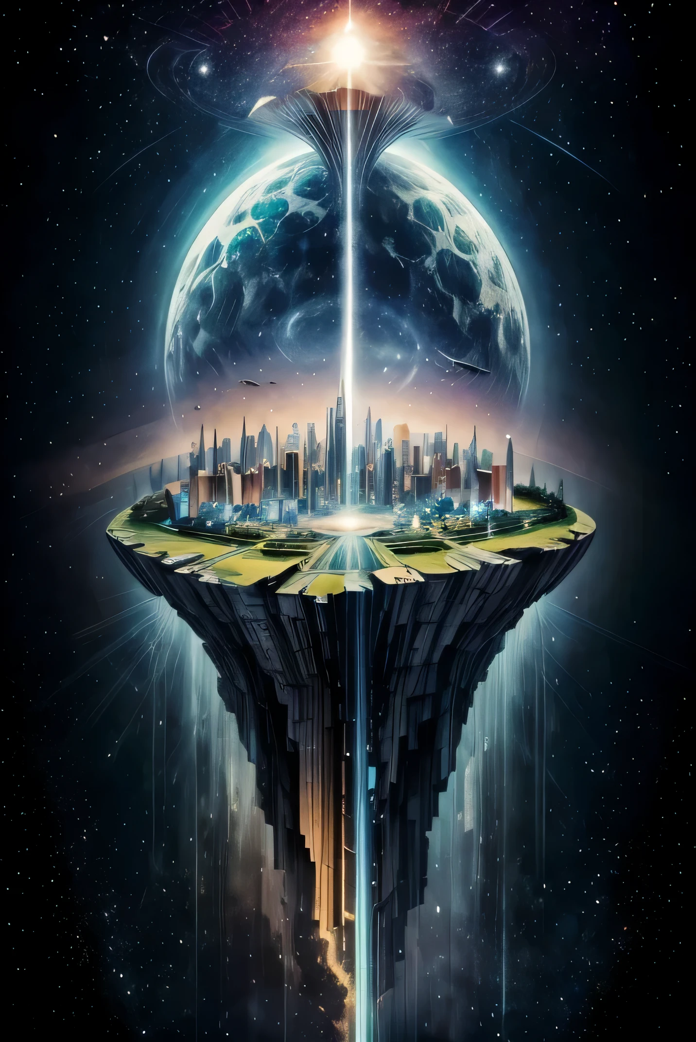 ((better resolution, High Definition, foto de cine)), hay una tierra plana, edificios arriba de la tierra plana, edificios futuristas, cascadas en las orillas, vegetation