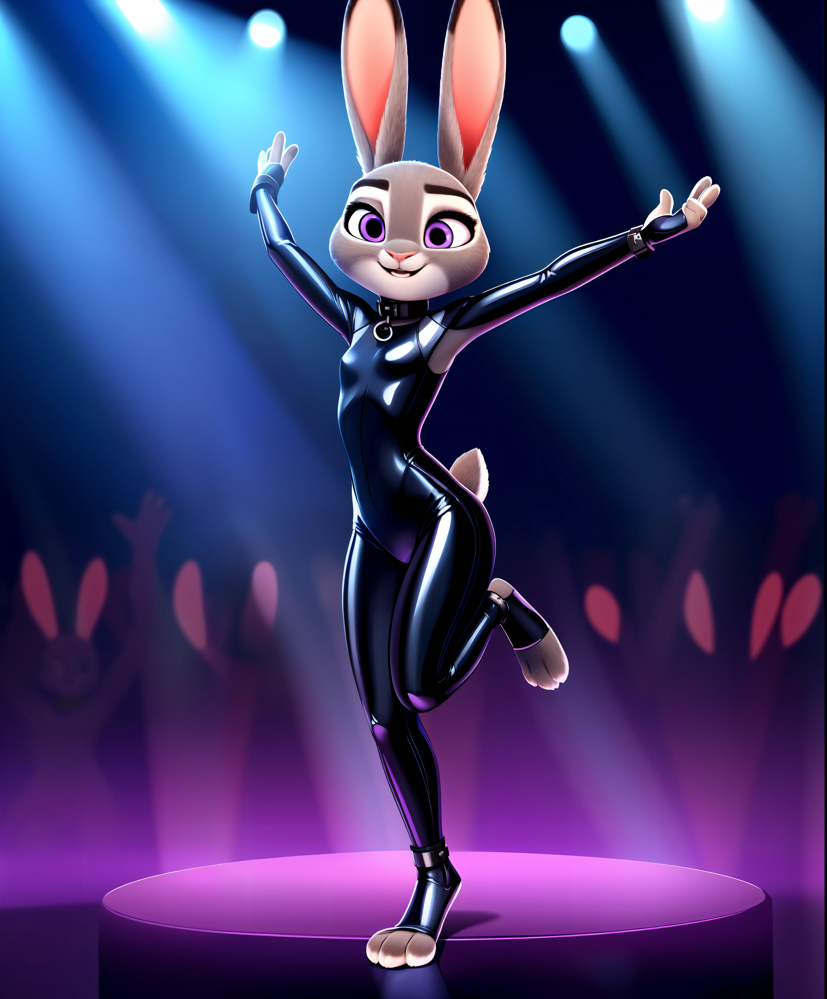 female, (Detailed face), (solo:1.1), (more details:1.1), ((anthro, humanoid)), [(thin:1.1) : small  : (Judy rabbit:1.2):4], (Detailed face), (anthropomorphic legs, anthropomorphic hands:1.1), (solo), small breasts, tight latex gimpsuit, dancing in nightclub, leather collar, light rays, complex detail