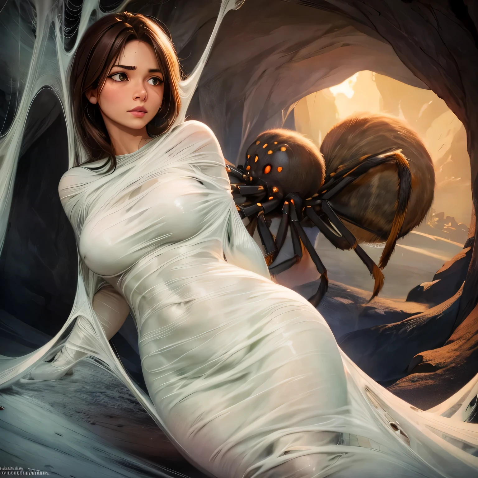 1girl,Spider weaves a net on a girl, very realistic, very detailed,bed,stretched, dark cave, struggle in the net,brown haired, very long sheer dress,hang,green bra