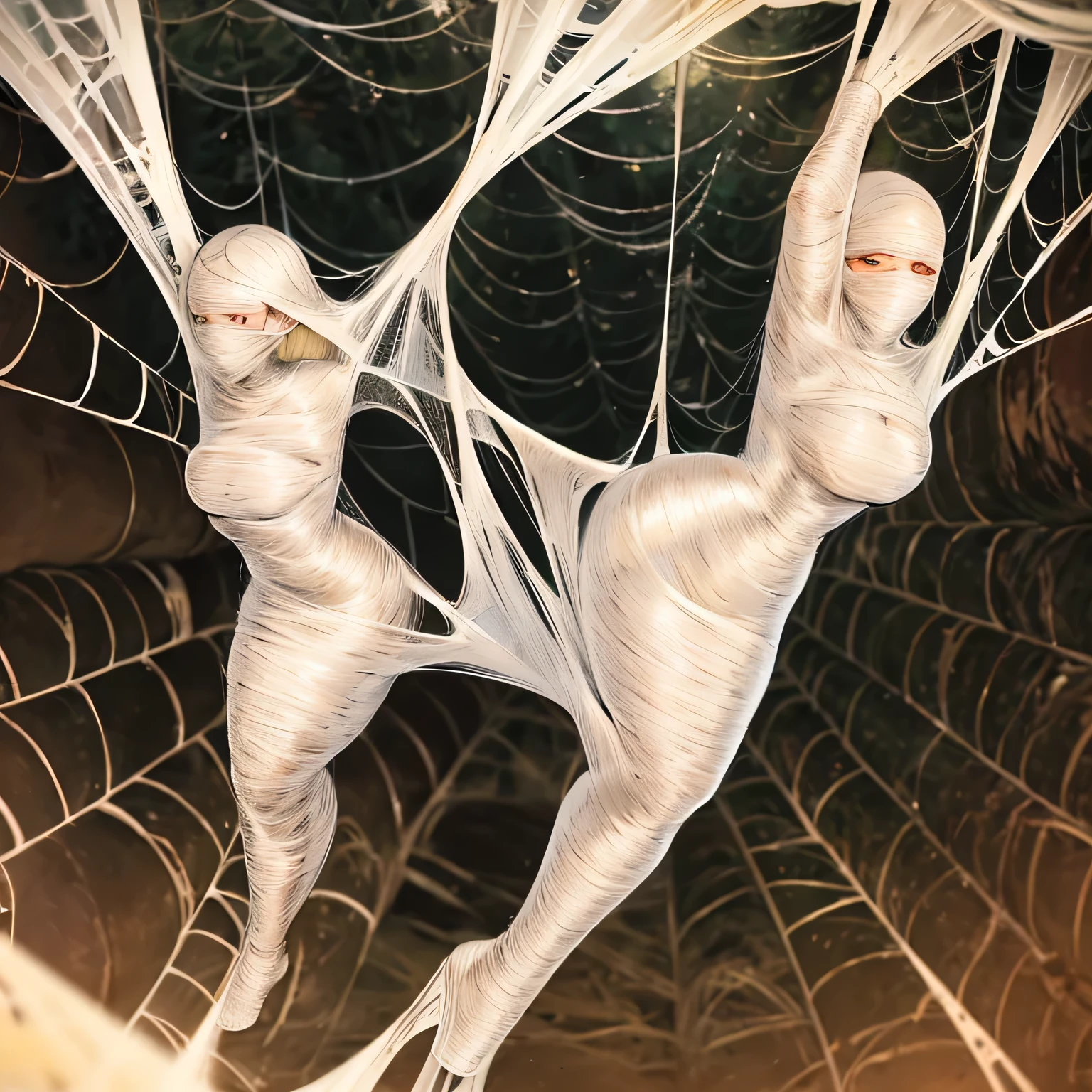 a girl entangled in the spider web, struggle, detailed classroom, (cocoon:1.3), spider web, hanging, spider in the web, spider