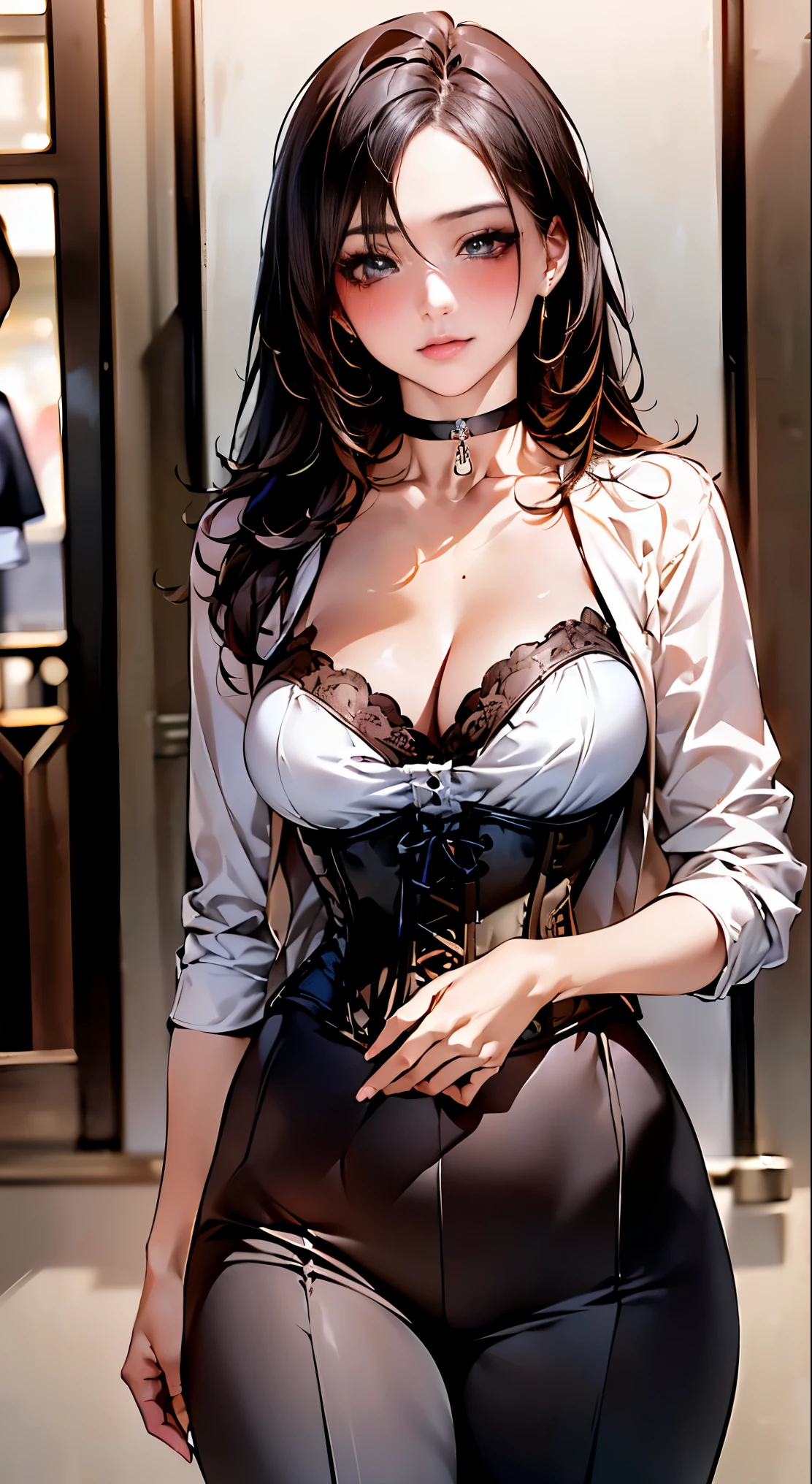 (masterpiece:1.2, highest quality, 8k, advanced details), (realistic, photorealistic:1.4), beautiful illustrations, 
looking at the viewer, whole body, Front view:0.6, 
((1 mature woman, 32 years old)),  Japanese, ((long black hair:1.5, straight hair)), blown hair, bangs, hair between the eyes beautiful hair, beautiful face, beautiful and detailed eyes, (shining eyes:1.3), beautiful clavicle, beautiful body, beautiful breasts, beautiful thighs, beautiful feet, beautiful fingers, perfect anatomy:1.3, perfect anatomy, 
((Grasp the hem of the skirt with your right hand, put your left hand on your chest:1.3)), 
(Look at the viewer while blushing:1.3) 
((Spencer Jacket:1.97, tuck in blouse:1.6, corset pants, choker:1.3)), ((In department stores:1.6))