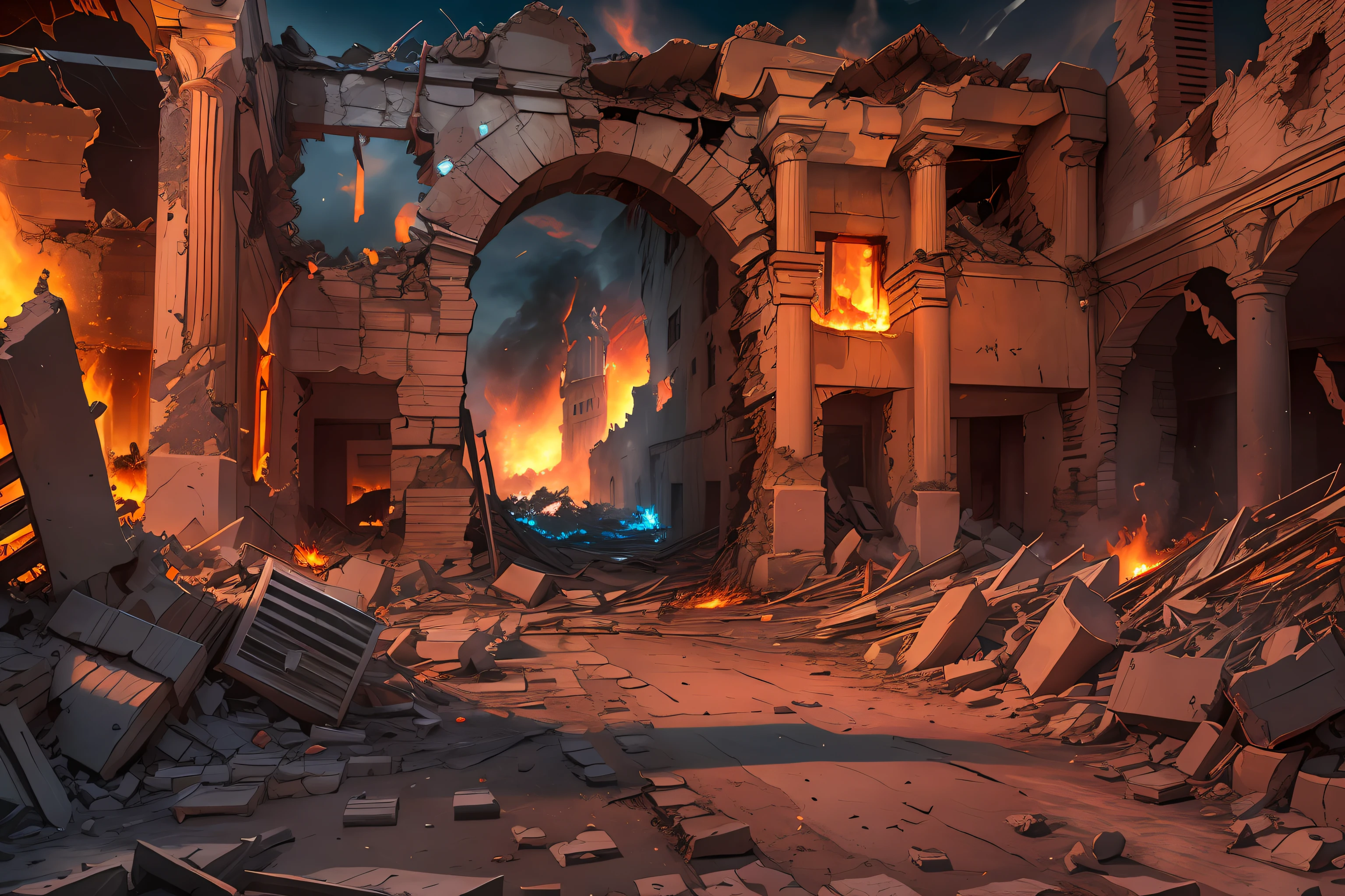Night scene, Old Testament, historic architecture, Jericho destroyed, cracked walls, burning buildings, dramatic lighting, vibrant colors, smoke and ashes in the air, reflections of fire in the ruins 8k, HDR