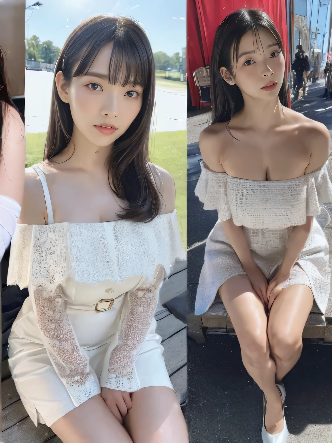 (Three collages of different scenes: 2.0).live action, real human emotions, (1 girl), (whole body), (night), Sitting on a park bench and drinking a can of beer (budweiser), Vietnamese people wearing white drop shoulder novel ao dai, tired from work (Uesaka Sumire's face), (big breasts), deep slit, (not wearing pants), (shoes are stiletto heels), she is the only one, long, shaggy straight black hair, messy hair, bangs, toned body, thin waist, lace on the chest, (high resolution face), realistic skin texture, natural skin, (Makeup came off), One shoulder strap comes off, Almost all clothes are off, cinematic lighting, Sony FE, Lens flare, Hmm, anatomically correct, rough skin