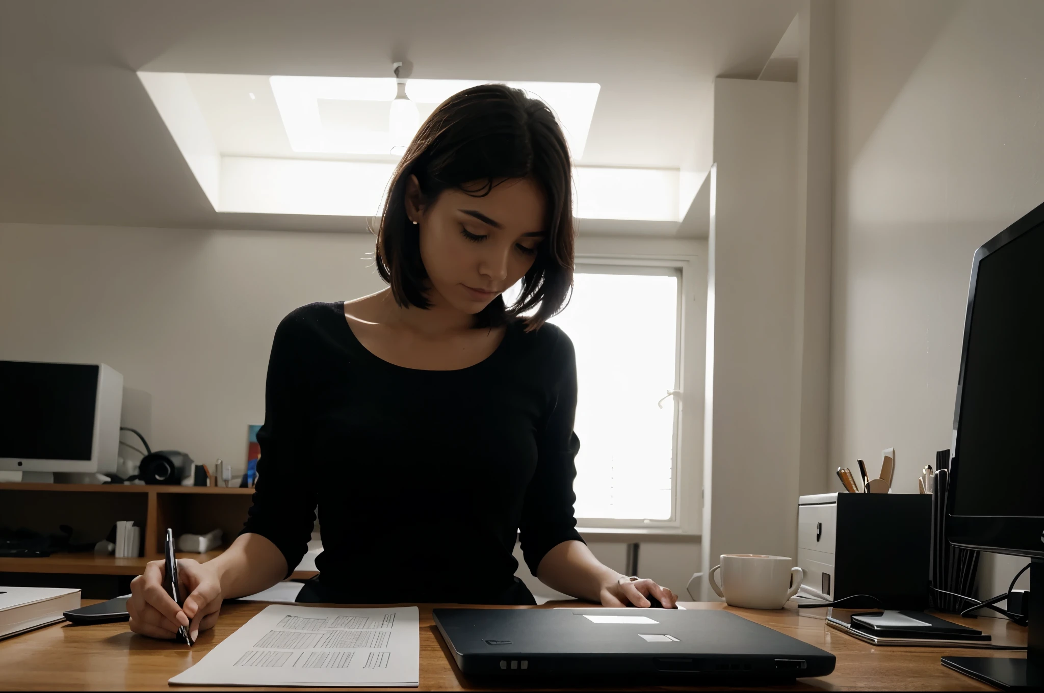 Create a simple black and white silhouette for women in the desk with laptop 