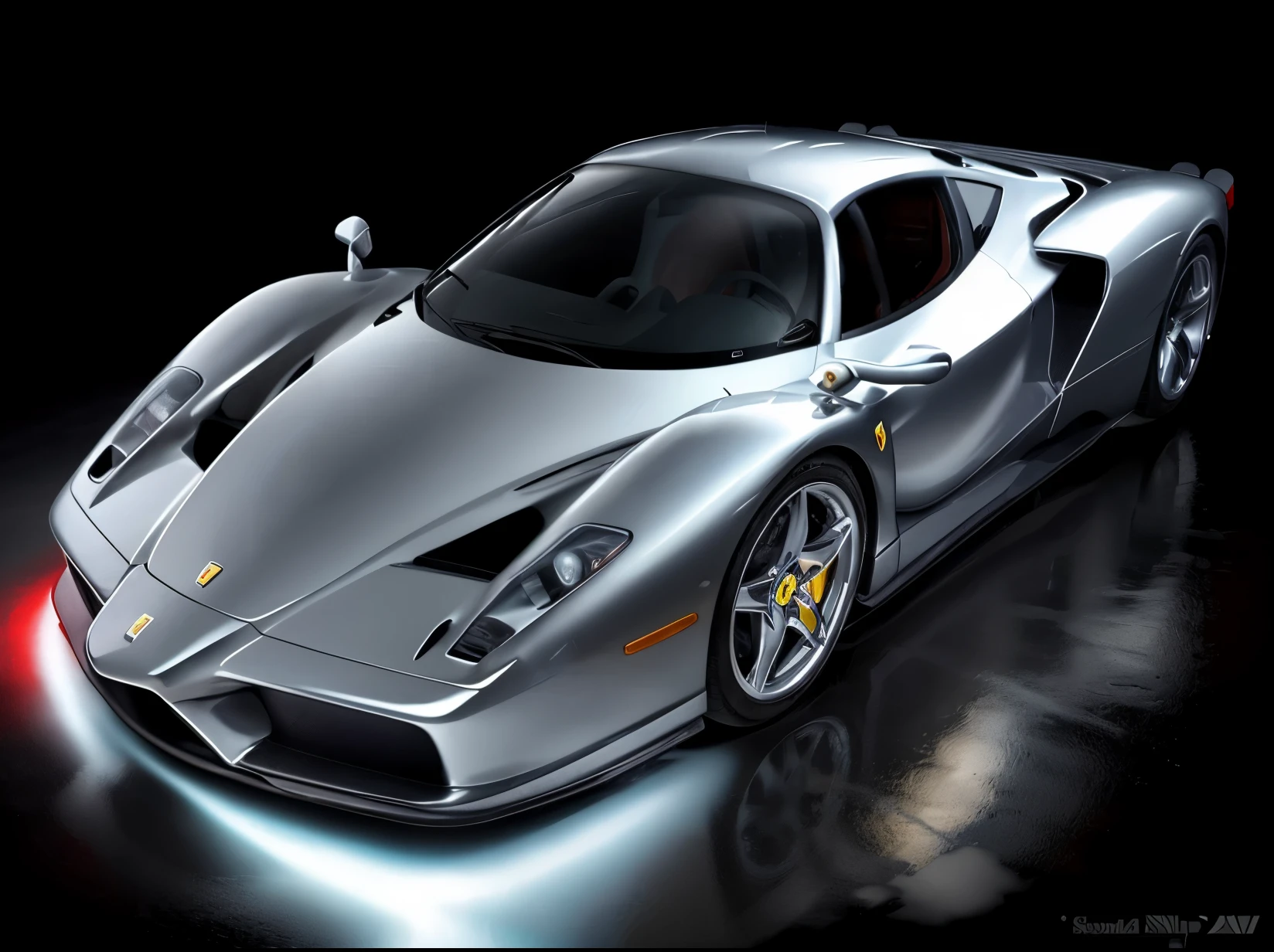SILVER LIQUID METAL ferrari enzo, racing through LIQUID METAL,  Liquid metal sprays up from the cars tyres, drifting in a black void,