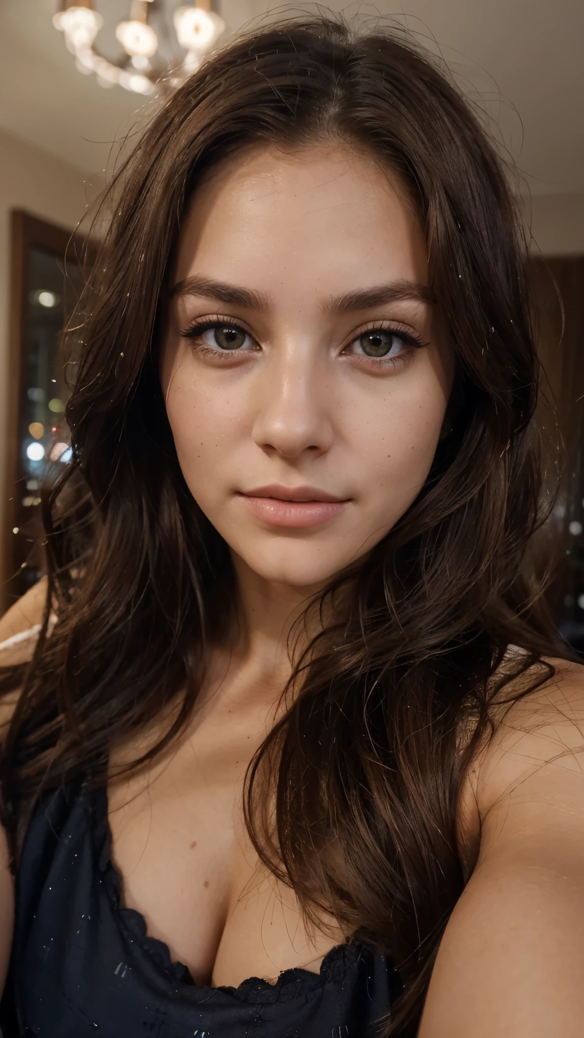 (Selfie, plan: 1.4), (Right half of body: 1.4) RAW UHD portrait photo of a 24-year-old brunette. (Female with brown eyes), specifics (Fabric!, hair! colour!!!, flaws: 1.1), Bright yes, high level of detail (looking in camera), Mirror Lighting, Ultra Quality, Sharpness, , graininesiddle), Fujifilm XT3, beautiful face, street light, Bokeh (dimly lit), Night, (Night sky), detailed skin pores, Complex eyes, detail, beautiful long ash brown hair, sexy top