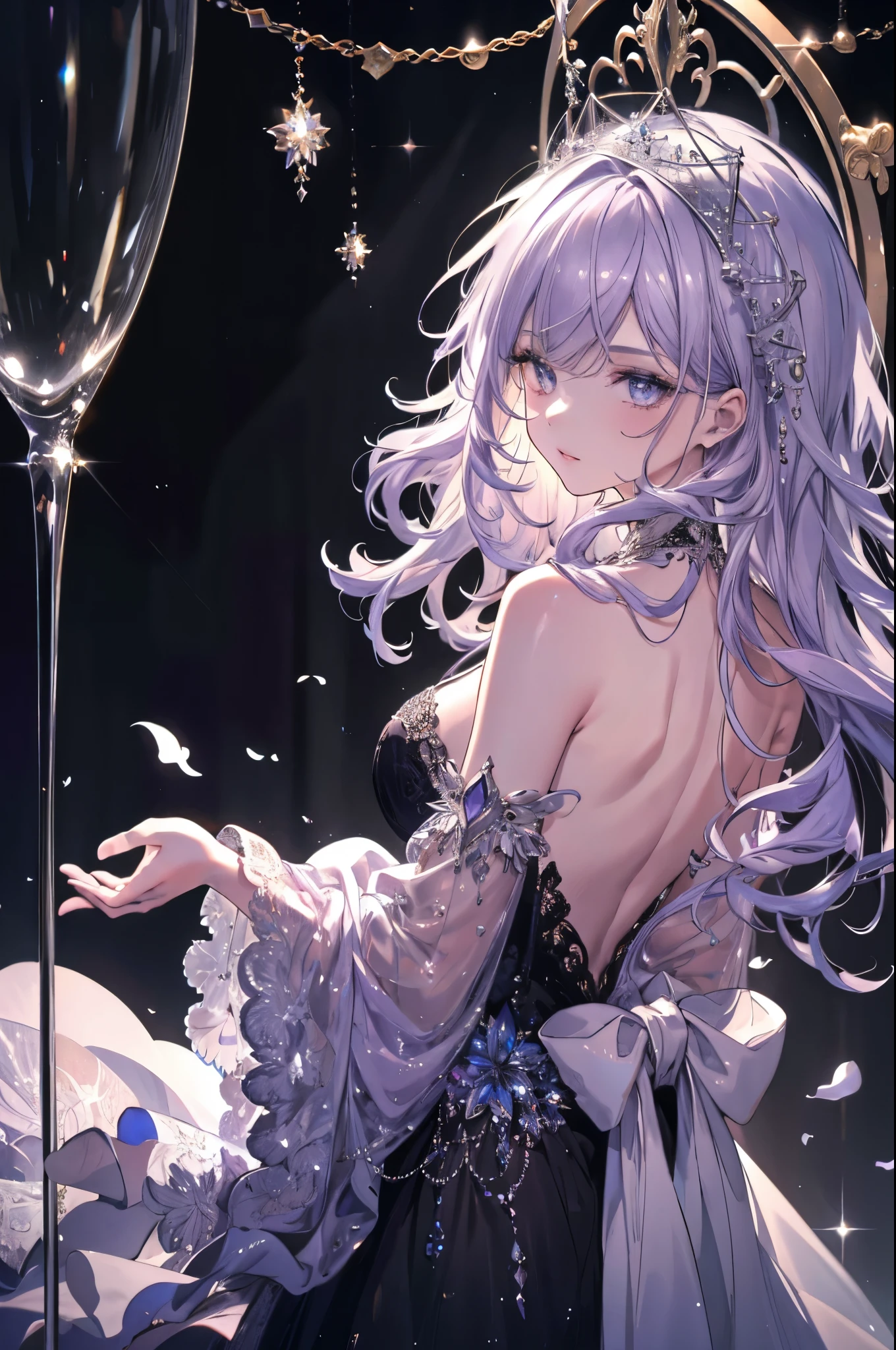 8k, High definition RAW color art, Animation, Silver Marble Skin, (((Ultra detailed elegant))), Magical atmosphere, Detailed skin, Texture,(Intricately detailed, Fine detail, ultra-detail art), depth of fields, Silky Touch, Hyper Detail, (pastel purple), beautiful eyes, elegant face, doctor coat, from waist, hip, black room, lingerie, looking back, roomlight, room tree
