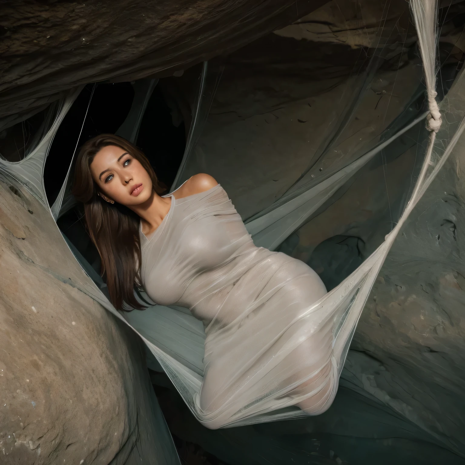 1girl,Spider weaves a net on a girl, very realistic, very detailed,bed,stretched, dark cave, struggle in the net,brown haired, very long sheer dress,hang