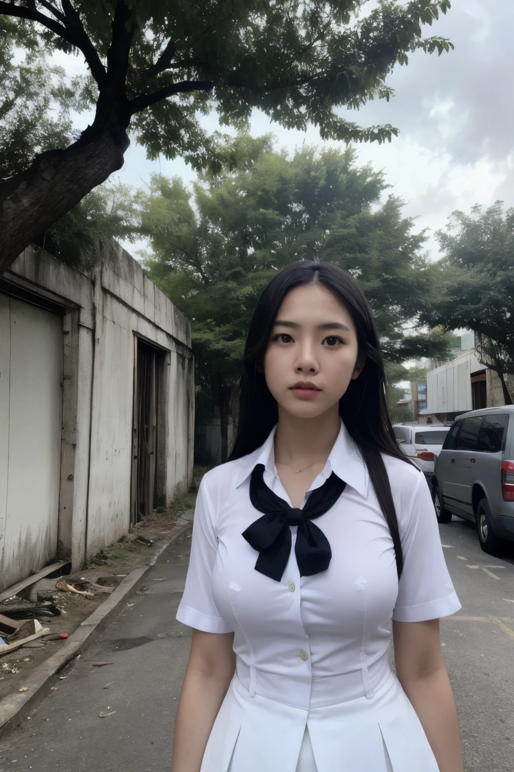 Thai Woman, look at viewer, long hair, school uniform, in street, cloud, day, sky,outdoors, post-apocalypse, ruins, scenery, tree, huge breast, 