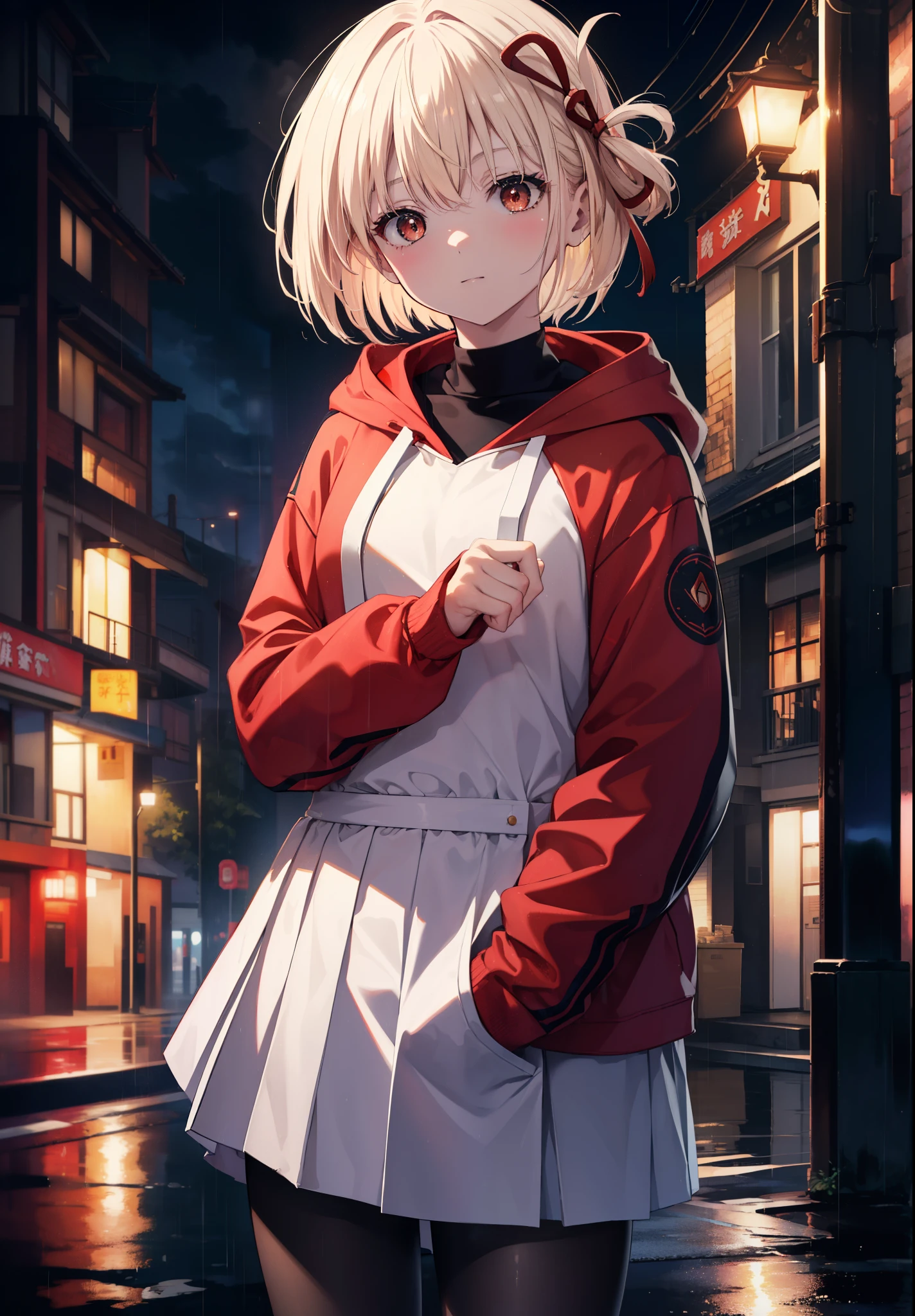 chisatonishikigi, nishikigi chisato, short hair, bangs, blonde hair, (red eyes:1.5), hair ribbon, one side up, bob cut,smile,Red hoodie The front is open,hood up,He has his hands in his hoodie pockets.,black sailor suit,black pleated skirt,Gray pantyhose,brown loafers,rain,cloudy sky,wet road surface,
break outdoors, residential street,
break looking at viewer, (cowboy shot:1.5),
break (masterpiece:1.2), highest quality, High resolution, unity 8k wallpaper, (figure:0.8), (detailed and beautiful eyes:1.6), highly detailed face, perfect lighting, Very detailed CG, (perfect hands, perfect anatomy),