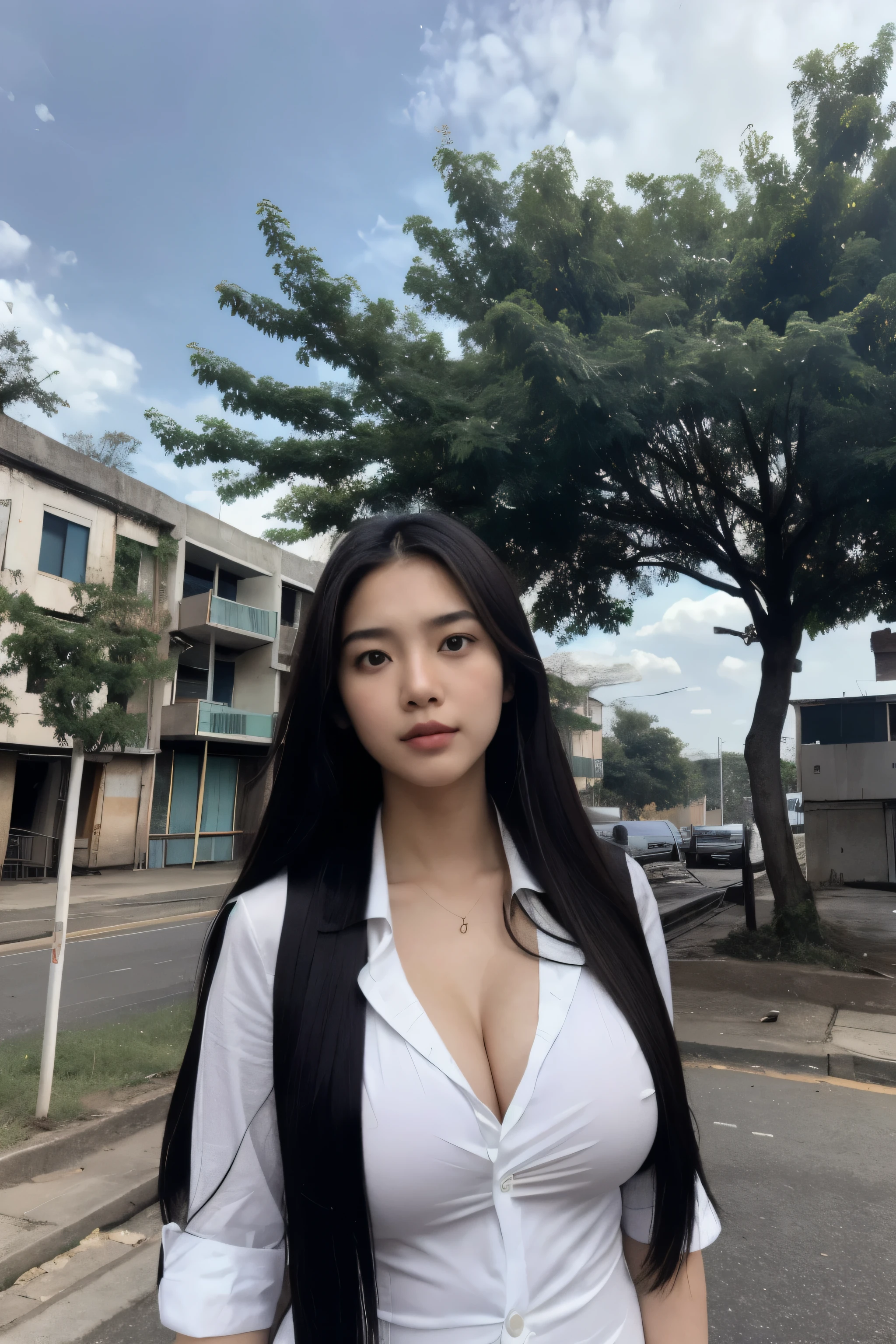 Thai Woman, look at viewer, long hair, school uniform, in street, cloud, day, sky,outdoors, post-apocalypse, ruins, scenery, tree, huge breast,