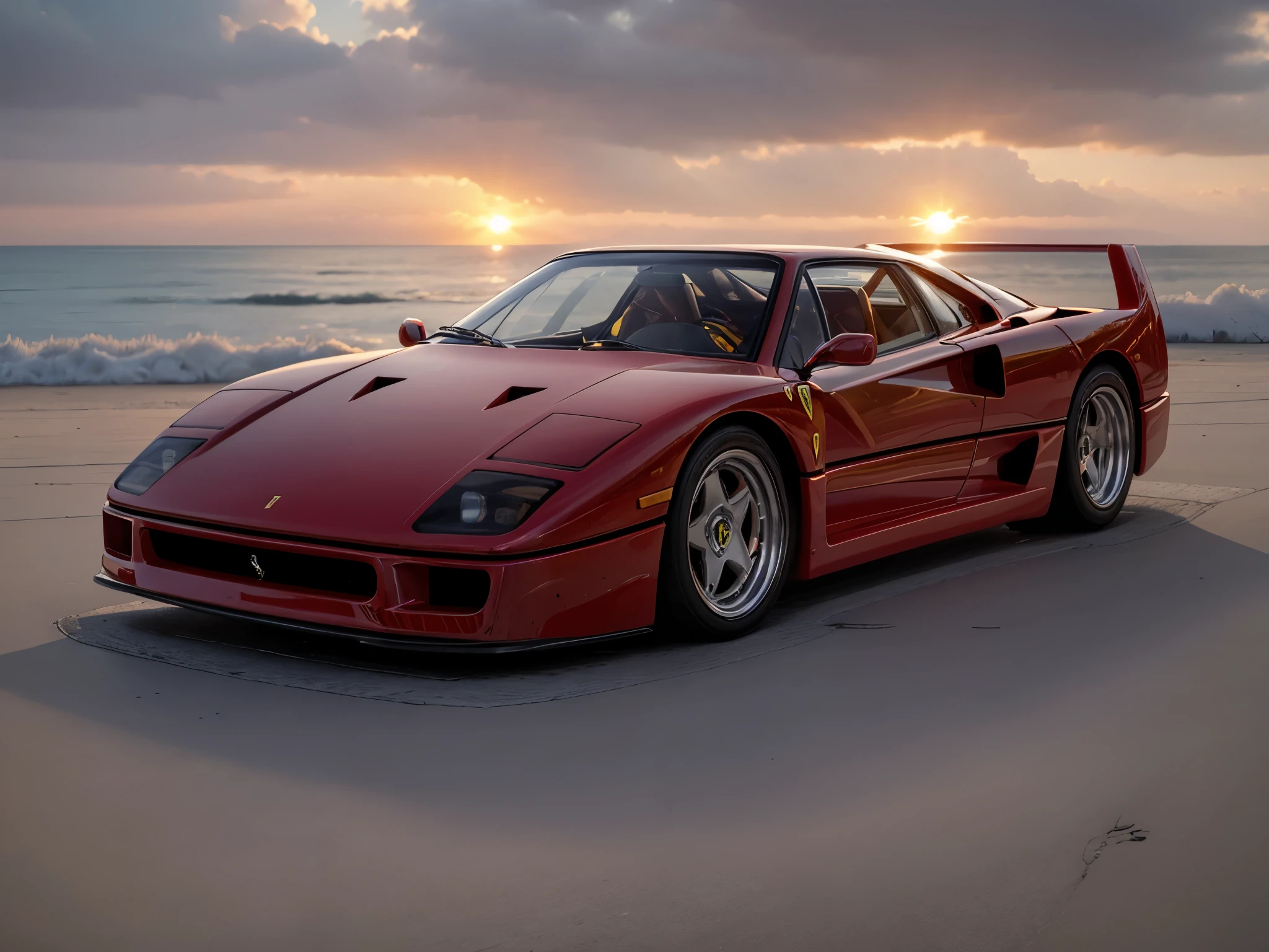 Ferrari f40 driving into sunset, photo taken from rear left angle, ultra photorealism, sharp details, wide angle photography, 16k UHD, realistic proportions, fprza horizon 5