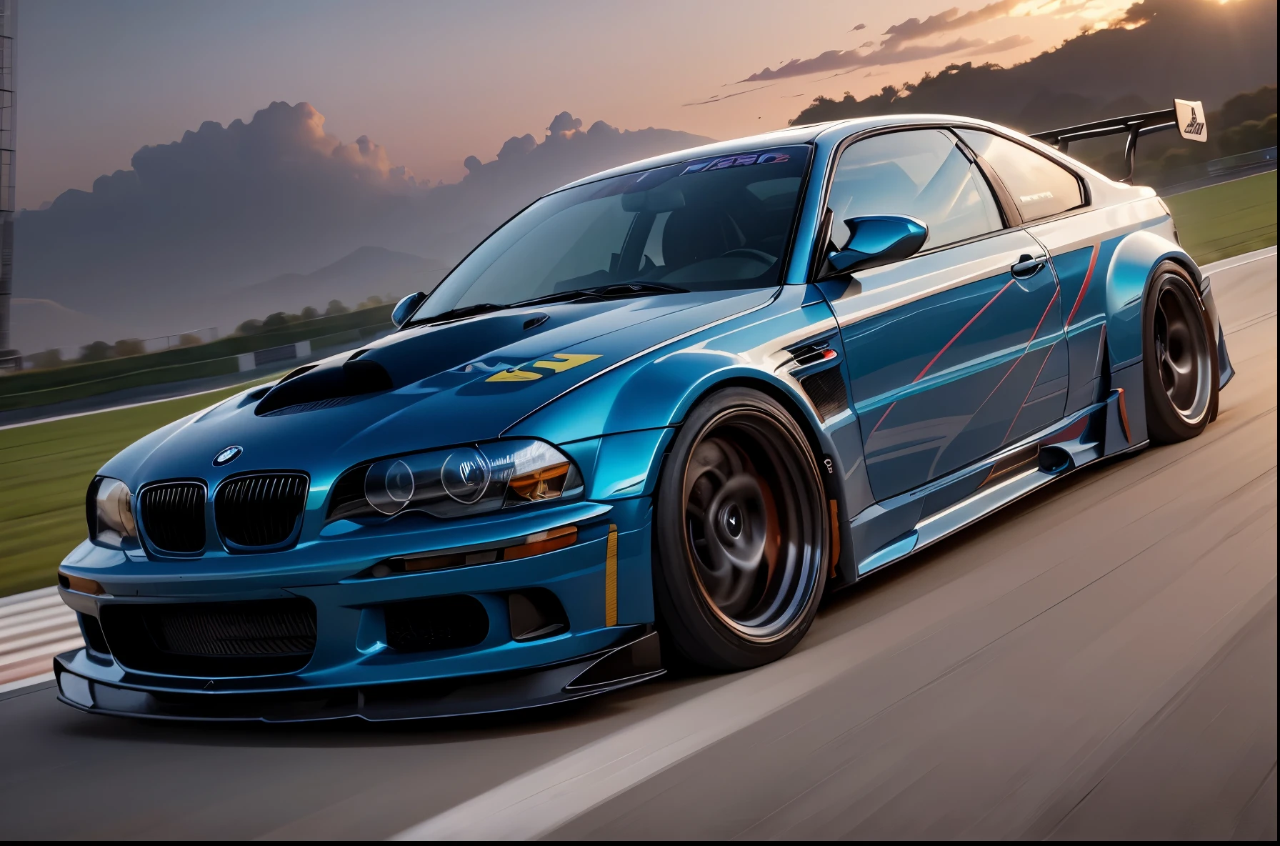 BMW M3 gtr , color silver and blue, Racing Tracks,action shot high speed, High quality track sunset photos of the sunset