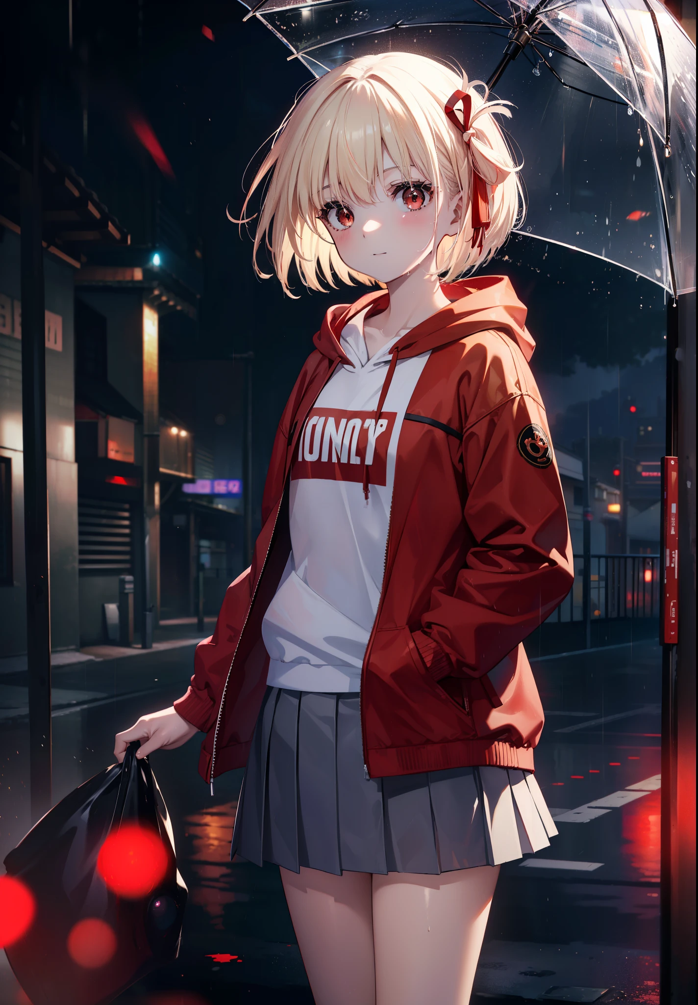 chisatonishikigi, nishikigi chisato, short hair, bangs, blonde hair, (red eyes:1.5), hair ribbon, one side up, bob cut,smile,Hoodie with red zipper,hood up,He has his hands in his hoodie pockets.,black sailor suit,black pleated skirt,Gray pantyhose,brown loafers,rain,cloudy sky,wet road surface,
break outdoors, residential street,
break looking at viewer, (cowboy shot:1.5),
break (masterpiece:1.2), highest quality, High resolution, unity 8k wallpaper, (figure:0.8), (detailed and beautiful eyes:1.6), highly detailed face, perfect lighting, Very detailed CG, (perfect hands, perfect anatomy),