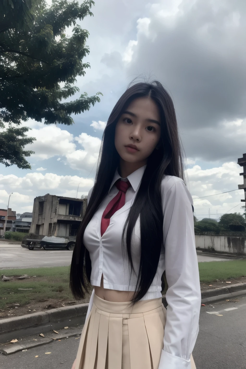 Thai Woman, look at viewer, long hair, school uniform, in street, cloud, day, sky,outdoors, post-apocalypse, ruins, scenery, tree, huge breast, 