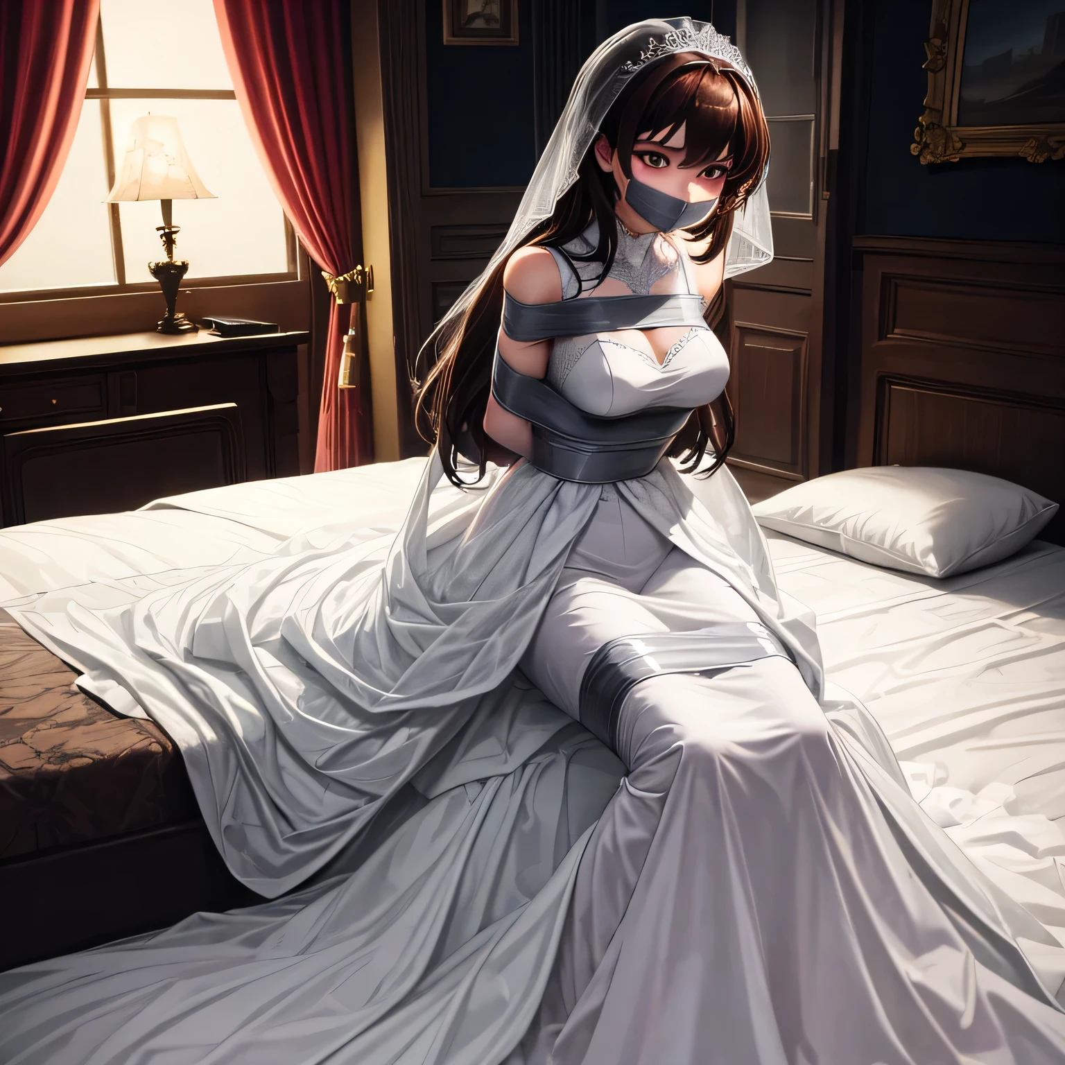 (bright lighting,romantic setting),bride captured, dreamy background,bondage,dark hair, mesmerizing gaze, , soft skin, alluring beauty, artistic portrait, high-quality image, vibrant colors, long silk gown, in the bed,tape bondage,tape gag, mosquito net, bridal