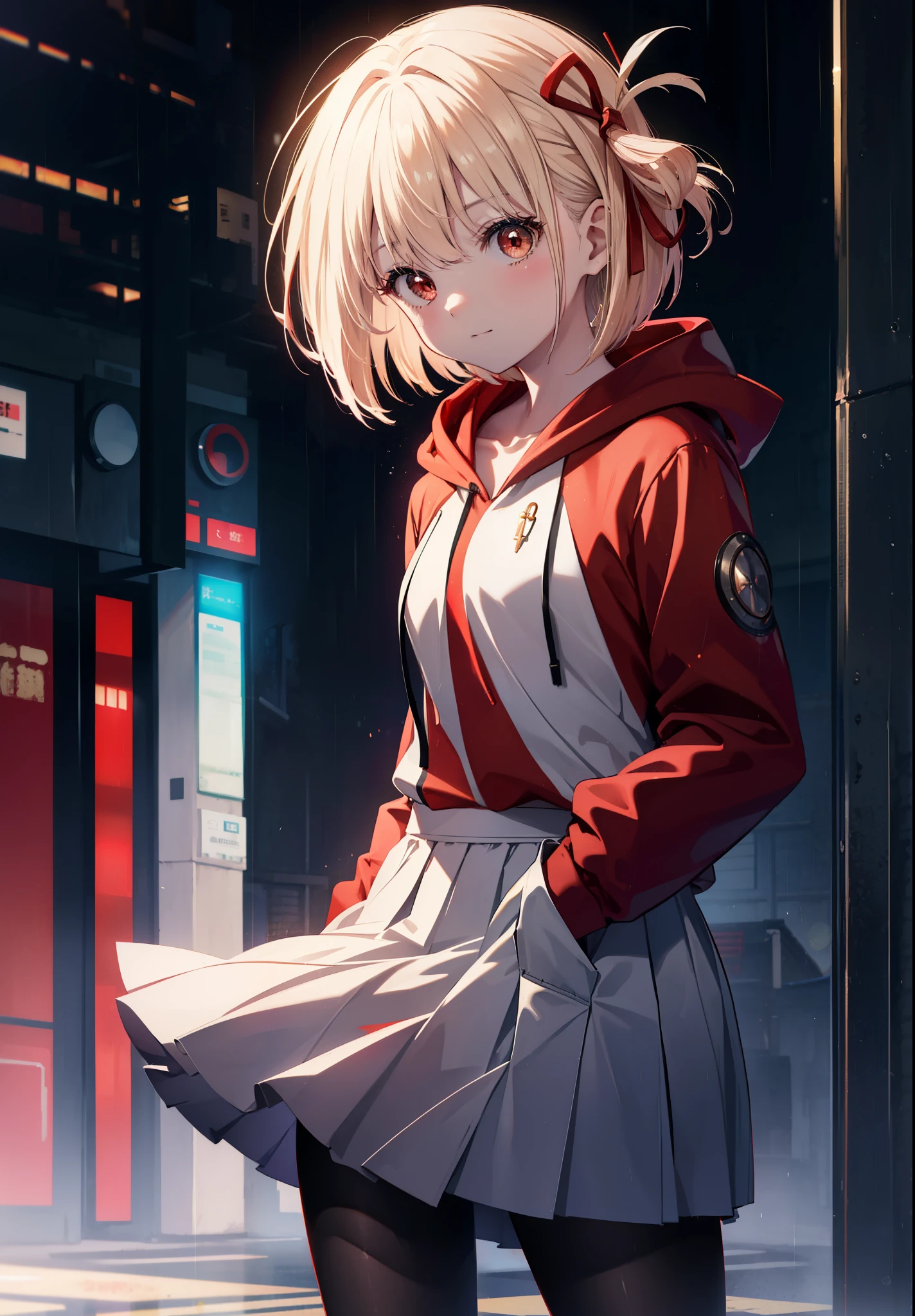 chisatonishikigi, nishikigi chisato, short hair, bangs, blonde hair, (red eyes:1.5), hair ribbon, one side up, bob cut,smile,black sailor suit,Hoodie with red zipper,hood up,He has his hands in his hoodie pockets.,black pleated skirt,Gray pantyhose,brown loafers,rain,cloudy sky,wet road surface,
break outdoors, residential street,
break looking at viewer, (cowboy shot:1.5),
break (masterpiece:1.2), highest quality, High resolution, unity 8k wallpaper, (figure:0.8), (detailed and beautiful eyes:1.6), highly detailed face, perfect lighting, Very detailed CG, (perfect hands, perfect anatomy),