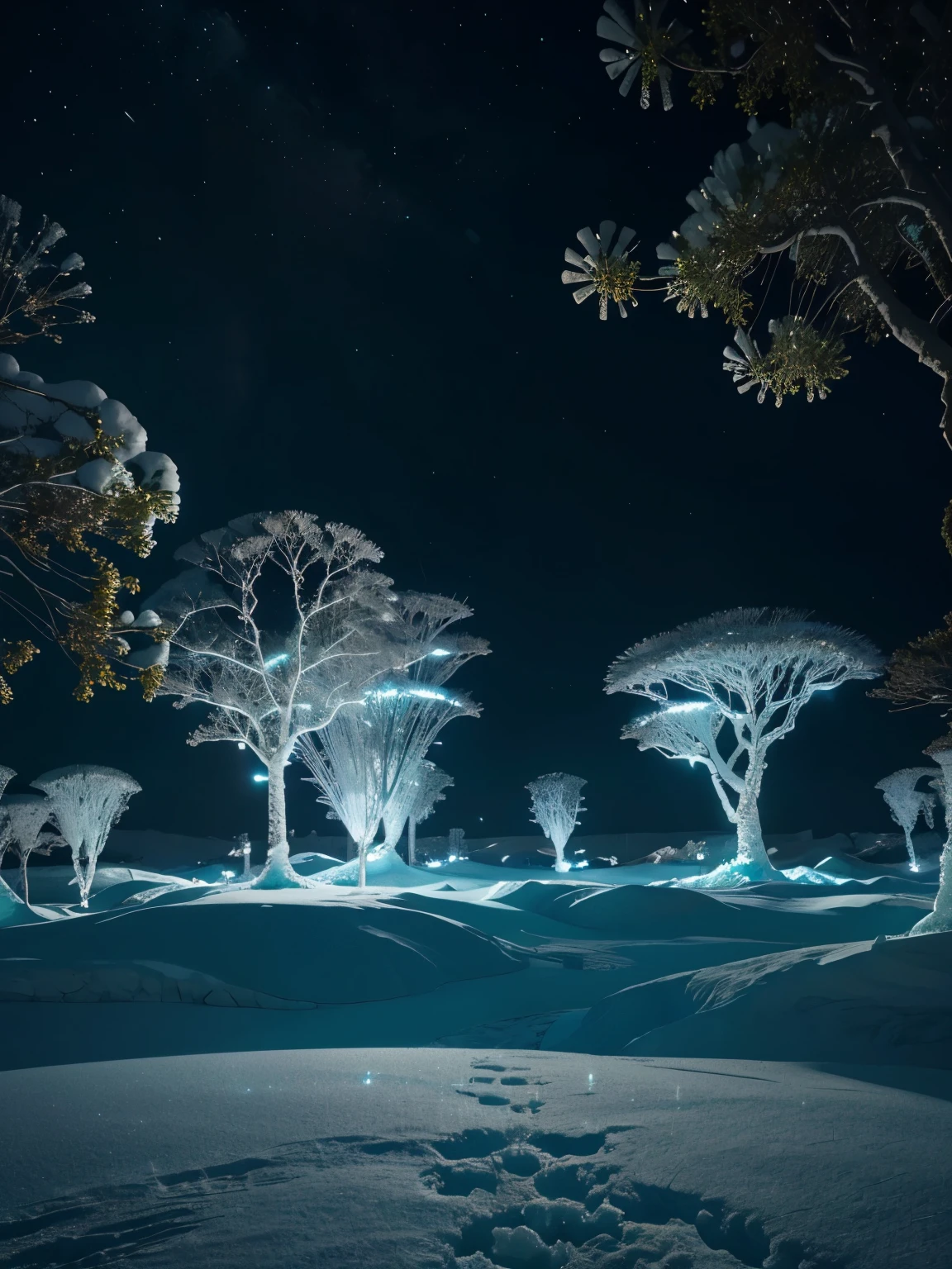 A photo from an ice planet with copious amounts of native vegetation. The planet is covered in snow and ice crystals that shine. The plants that grow there are bioluminescent. You can see floating islands connected by glowing vines. And high technology building that blend with the nature